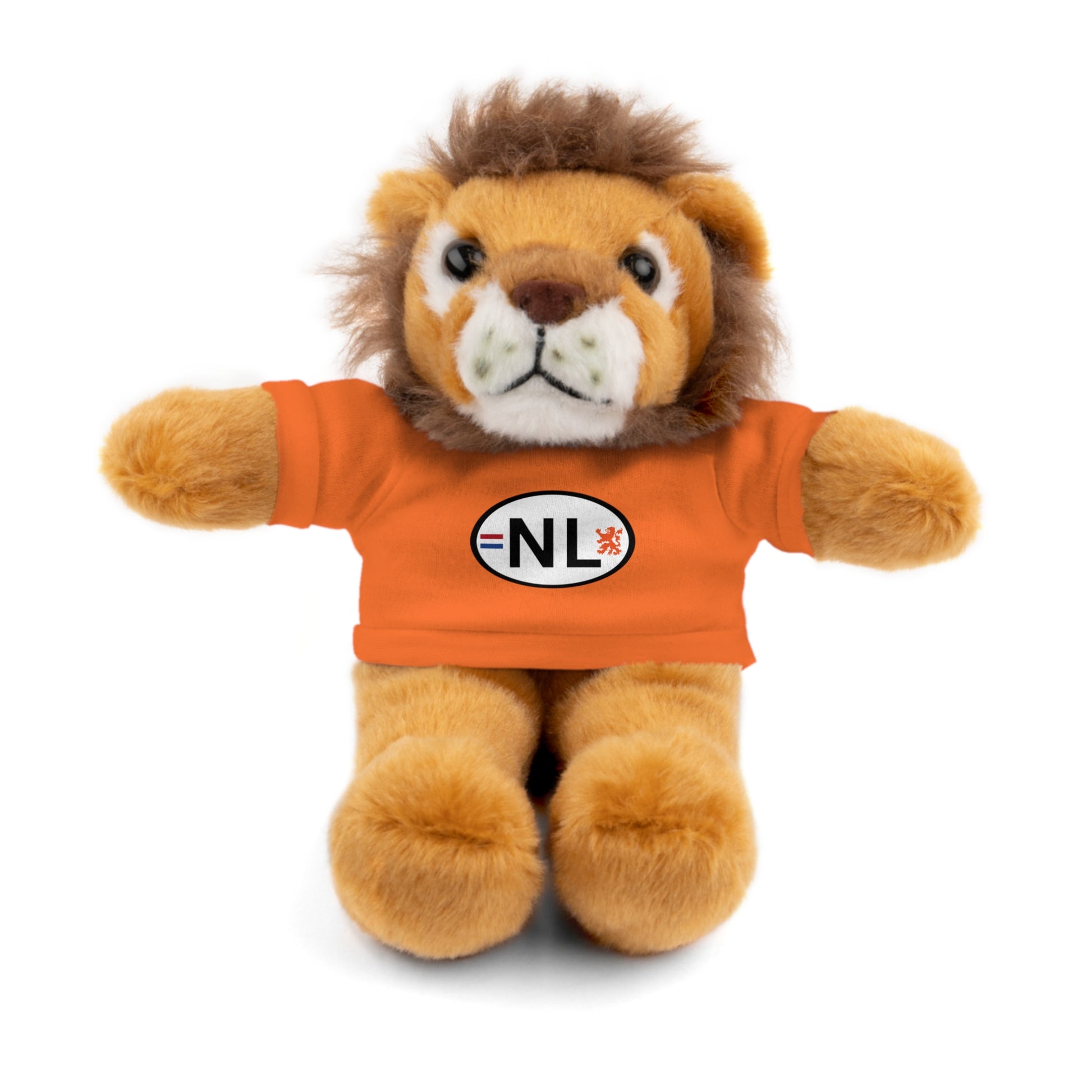 Front view of fluffy tan lion plush with brown mane, wearing bright orange t-shirt with white =NL= badge, paws outstretched