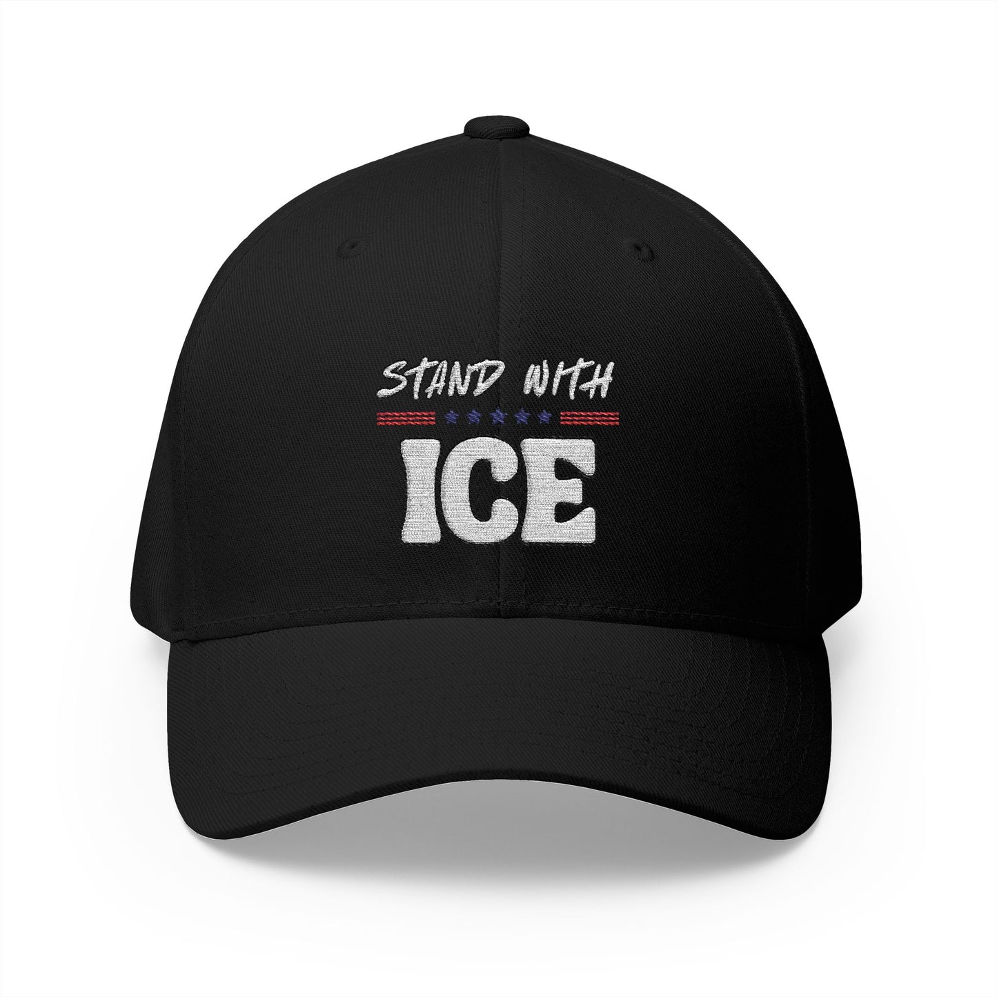 Front view of black structured cap with bold "Stand With ICE" white embroidery and red/white/blue star accents