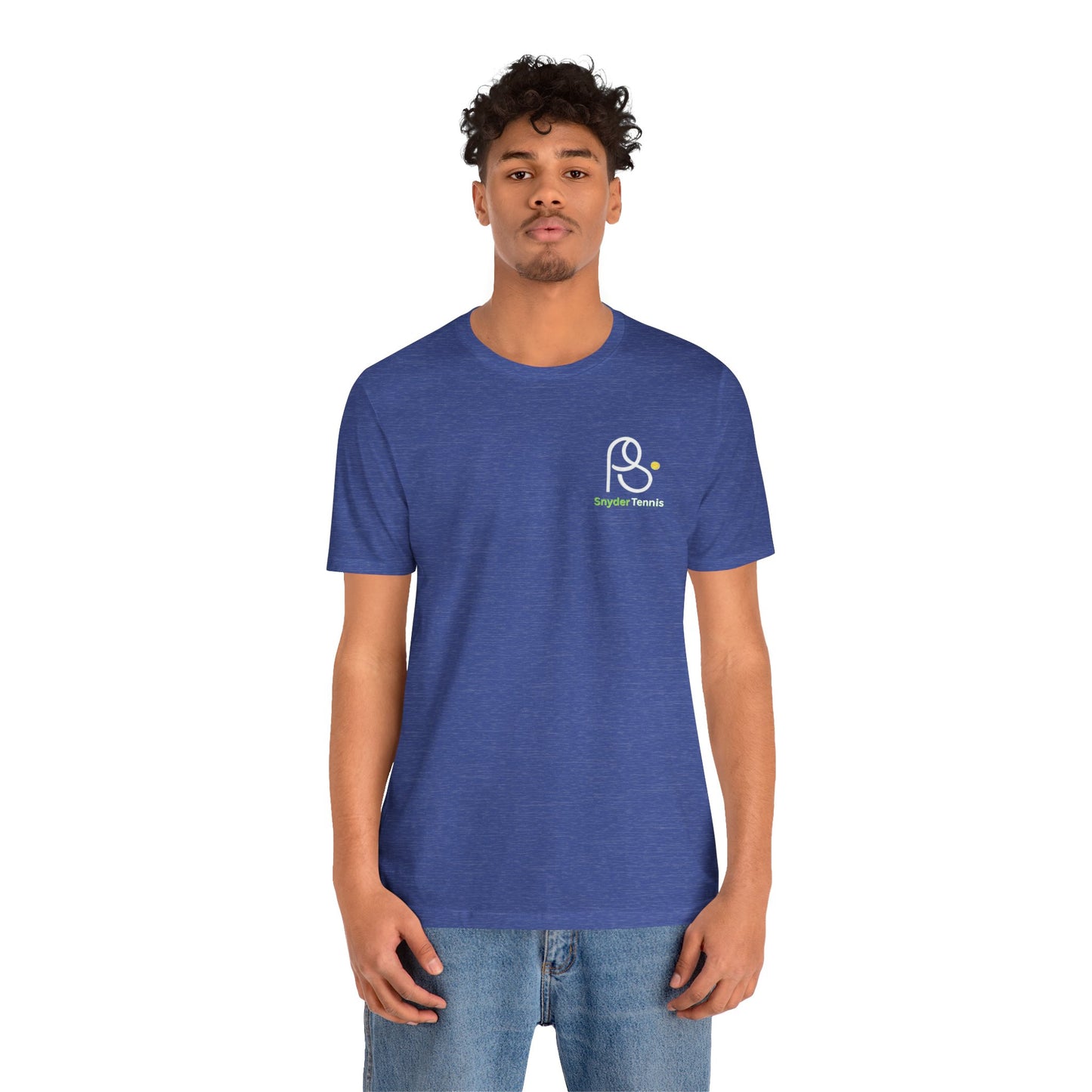Male model front view in heather navy tee, crisp white "P• Pete Tennis" logo on chest, casual fit