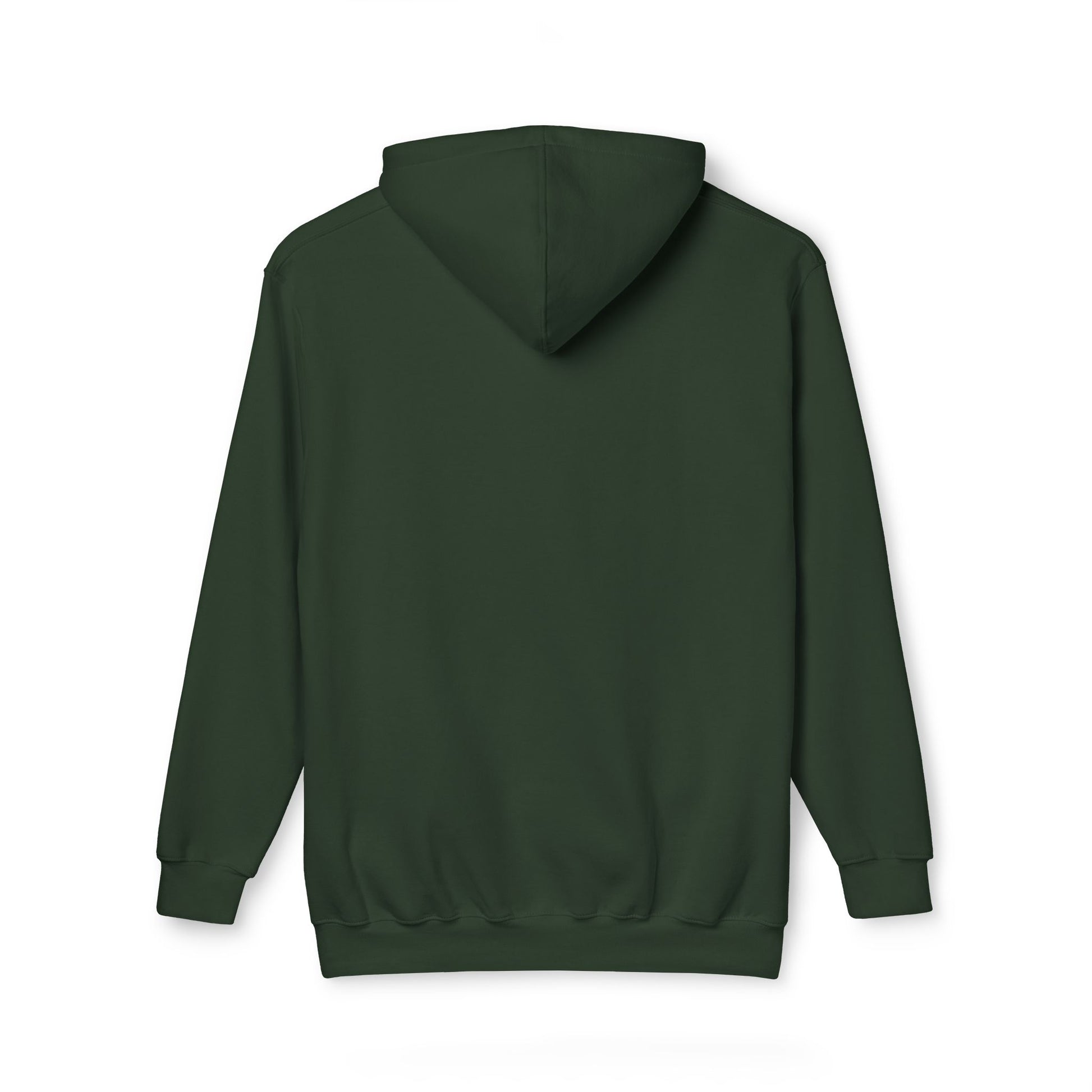 Hunter green hoodie back view, sturdy pullover with hood and no-print simplicity
