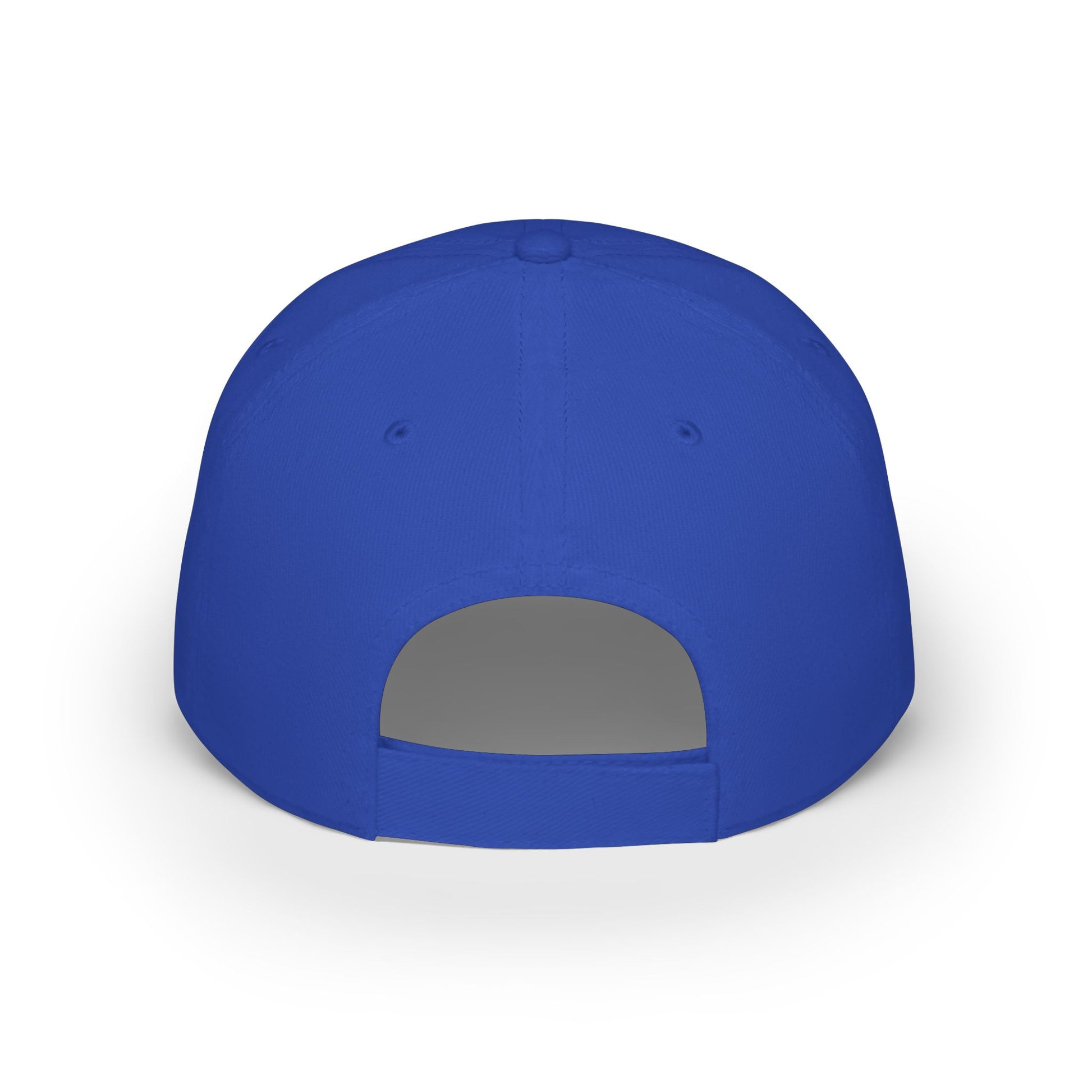 Back view of royal blue baseball cap highlighting Velcro strap and structured seams