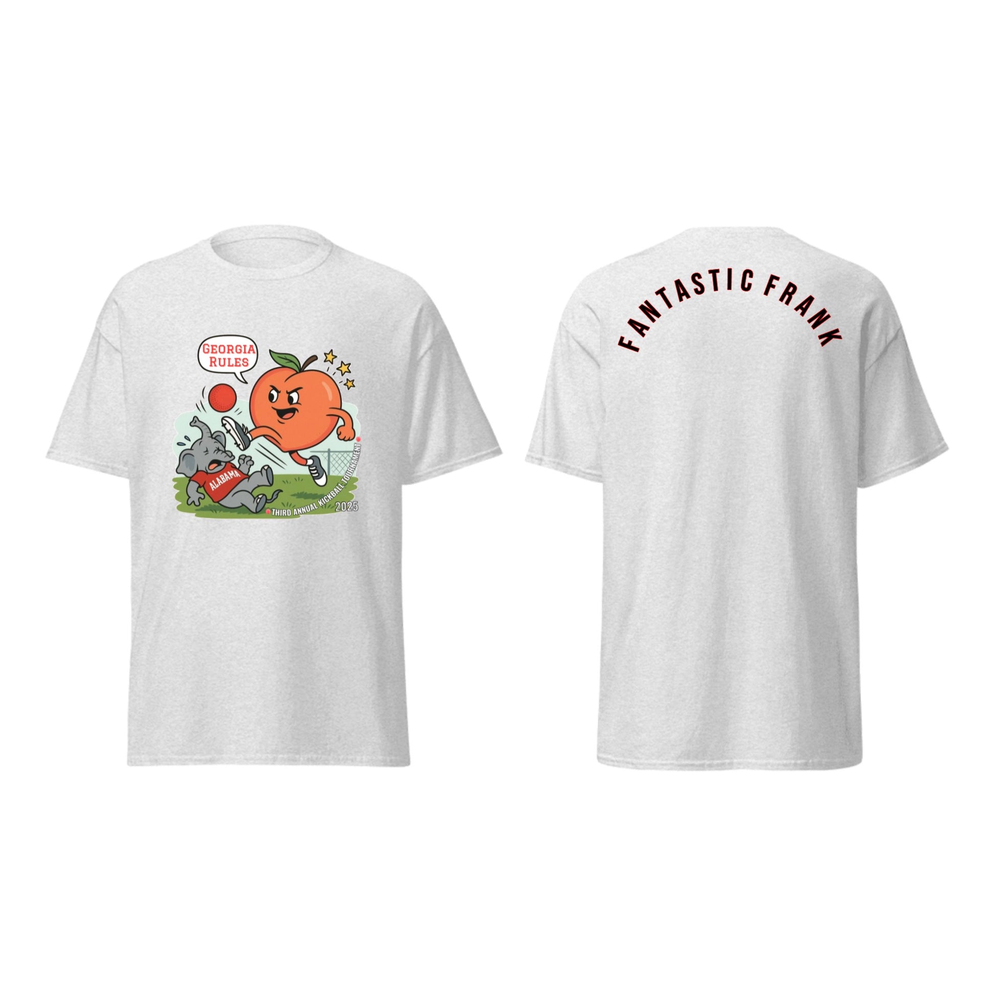 Front view of off-white unisex classic tee with cartoon orange kicking red ball at dog, speech bubble "Tournament?" on green field