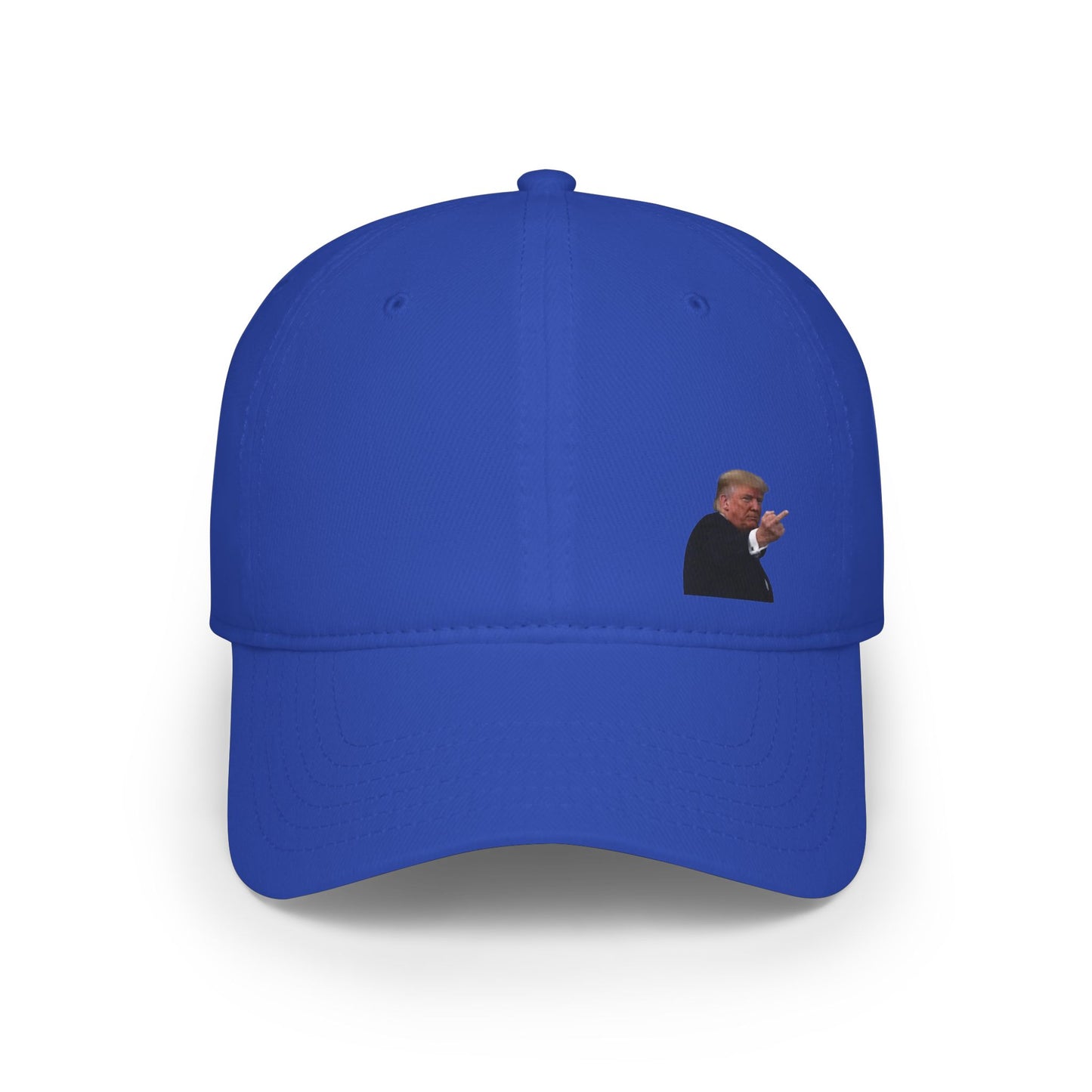 Front view of blue baseball cap with Trump’s hilarious Ford plant finger point