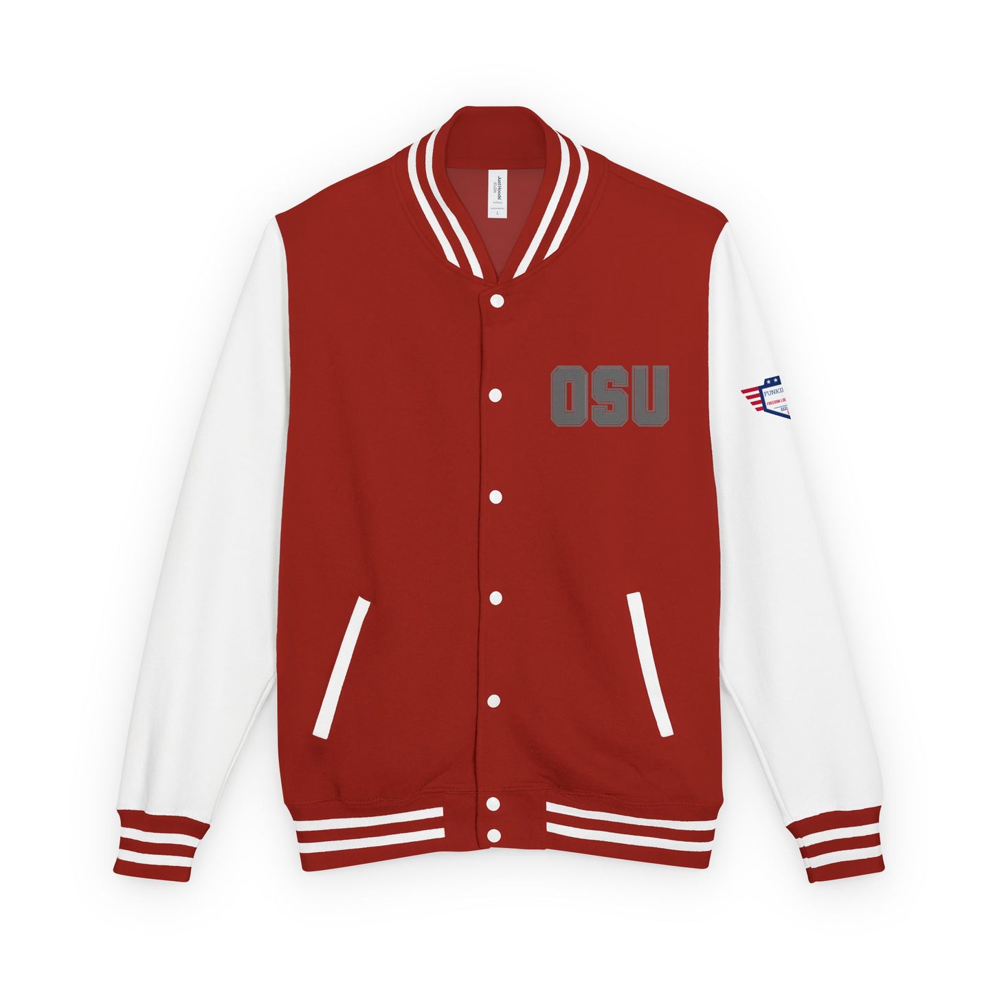 Front view of scarlet red OSU letterman jacket with white sleeves, gray "OSU" embroidery on chest, USA flag sleeve patch, varsity ribbing