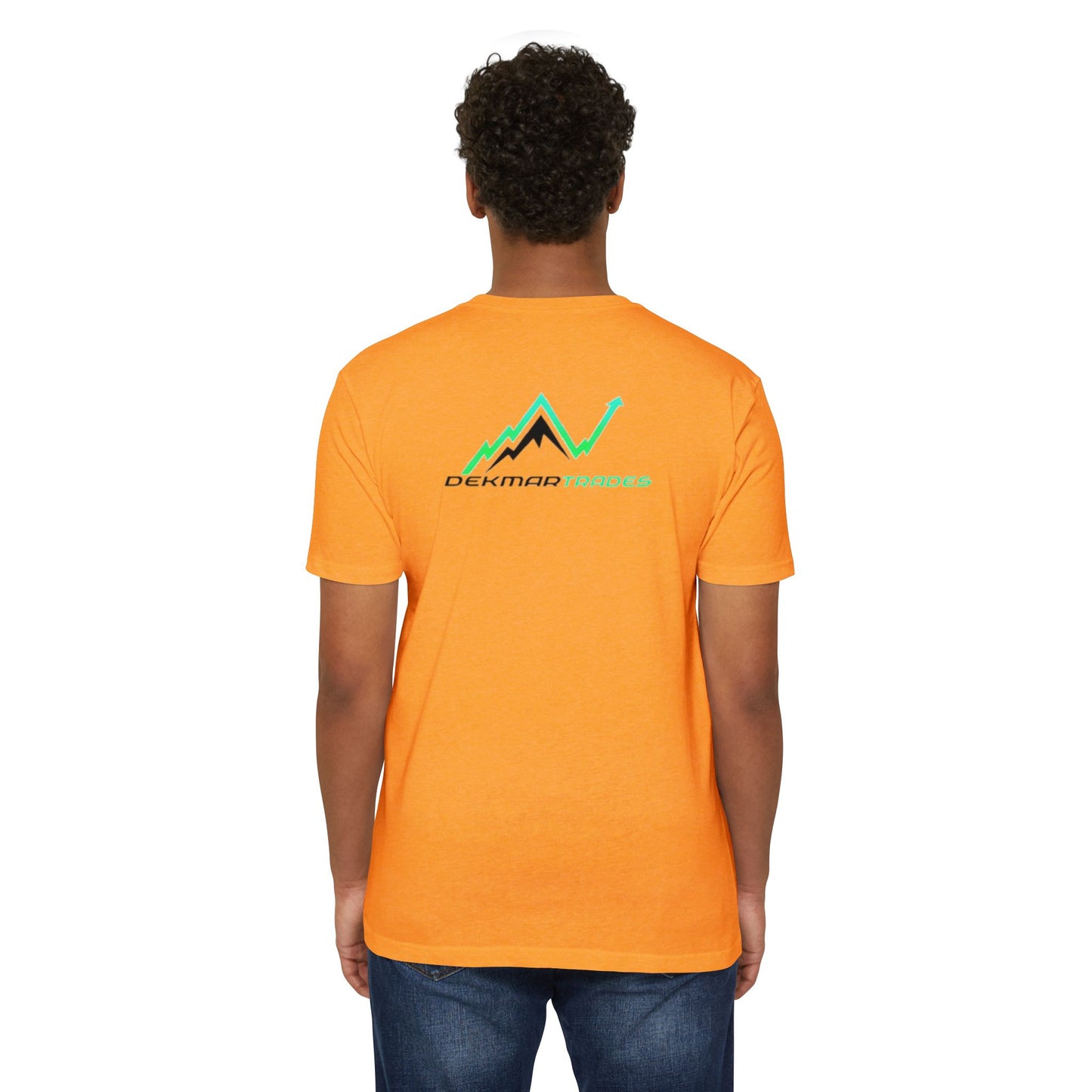 Male model back view in orange CVC t-shirt showing "Dekmar Trades" chart design, easy jeans fit