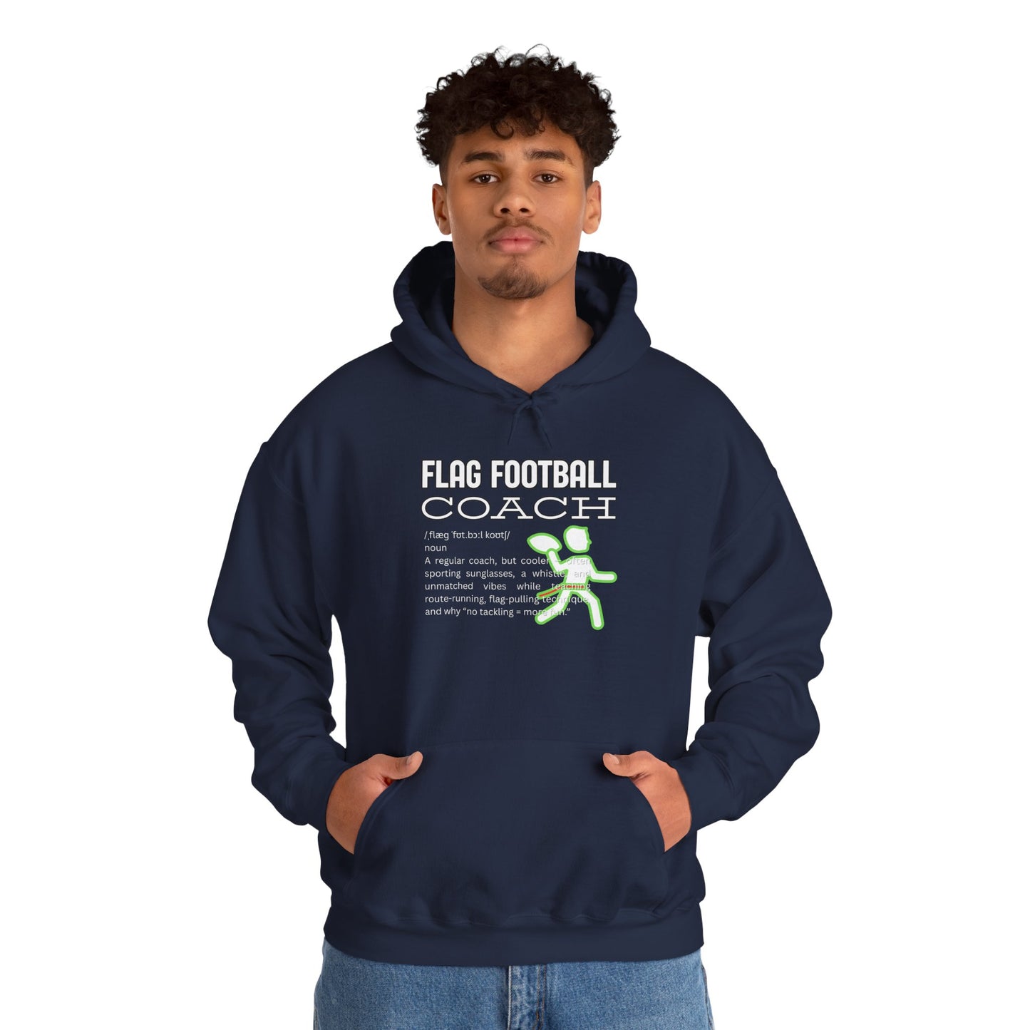 Curly-haired male model rocks front view of navy hoodie with Flag Football Coach print and neon accents
