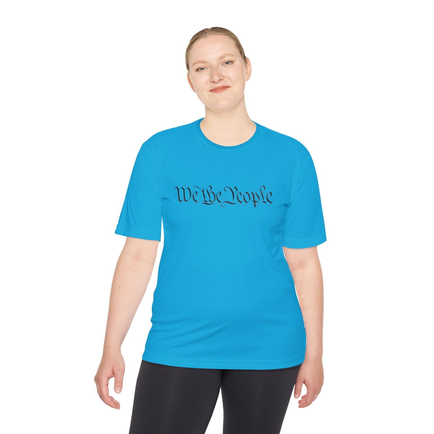 Female in vibrant atomic blue "We the People" print tee, casual stance