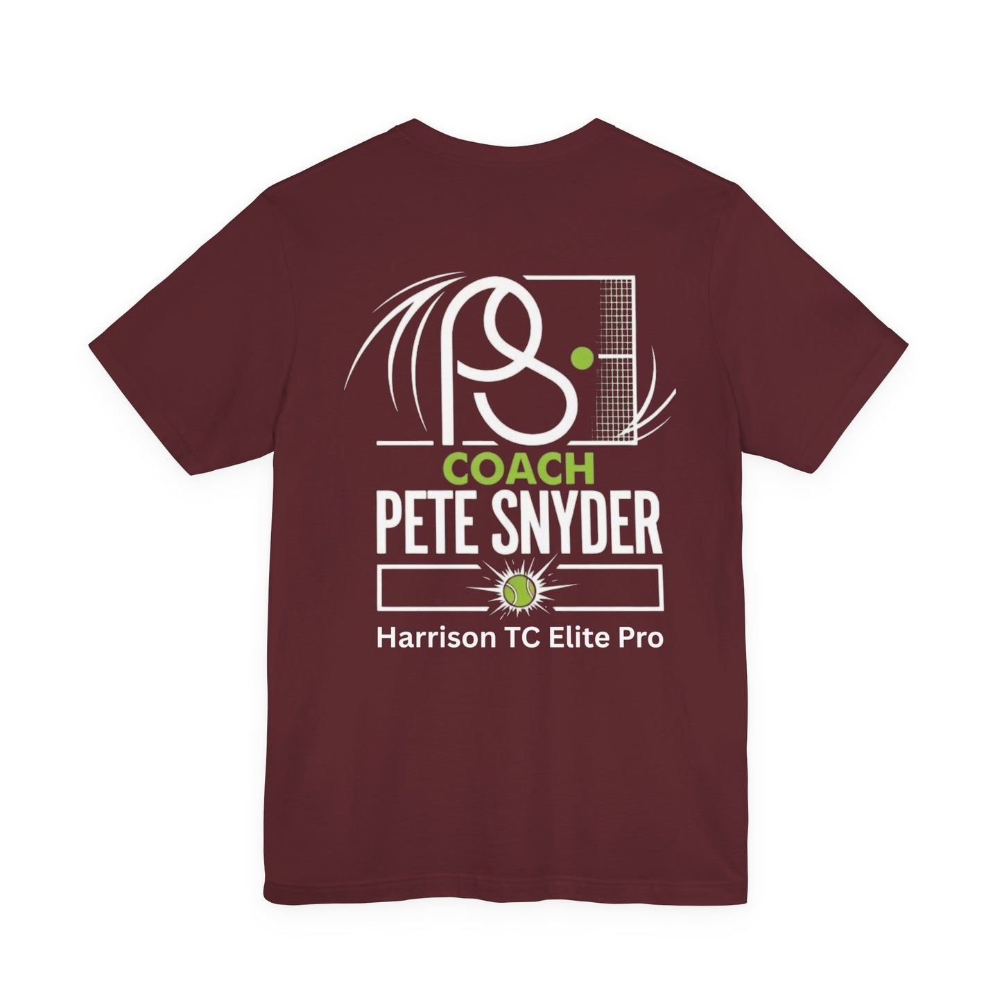 Back of deep red tee boasting white "COACH PETE SNYDER" bold print, racket net design and team name