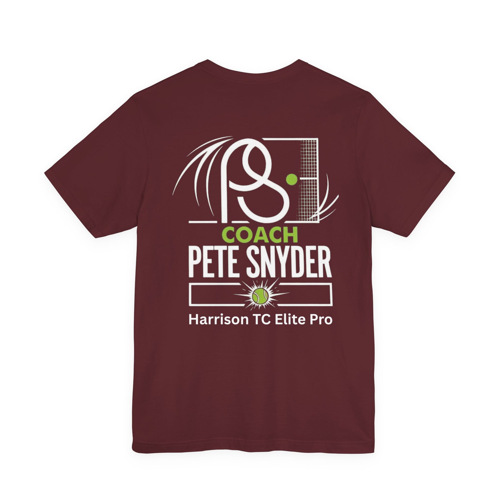 Back of deep red tee boasting white "COACH PETE SNYDER" bold print, racket net design and team name