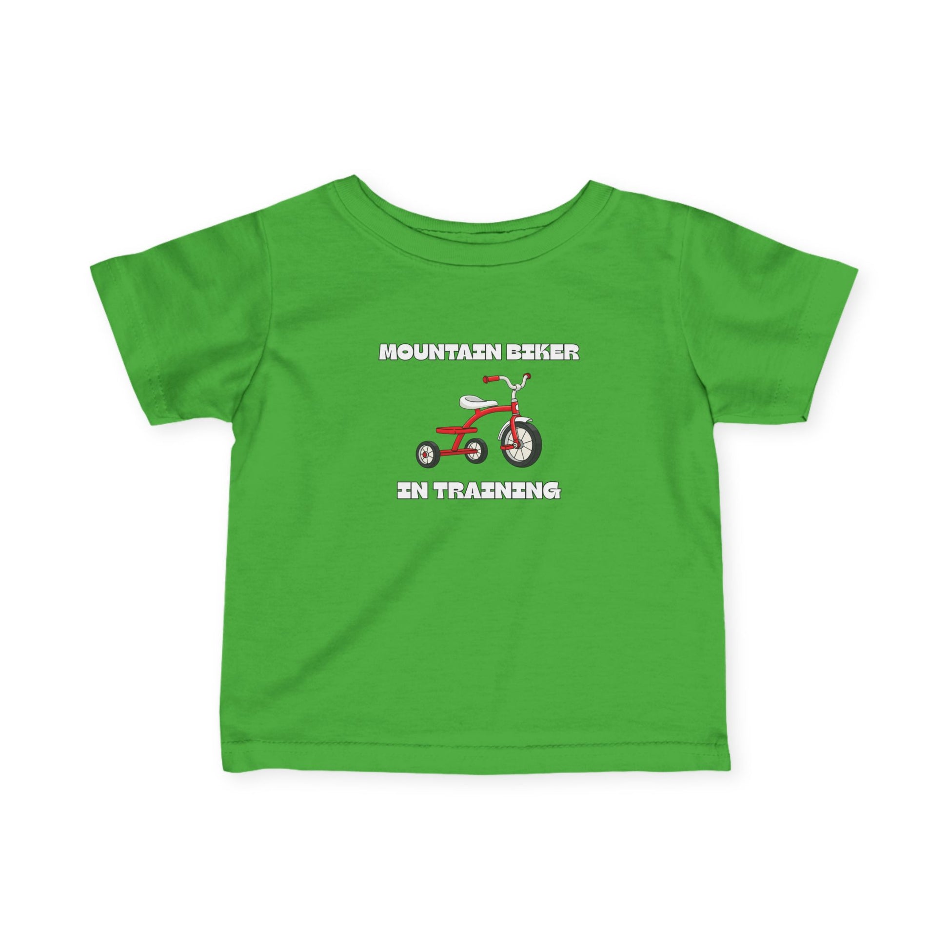 Green 'Mountain Biker in training' red tricycle infant tee - front view
