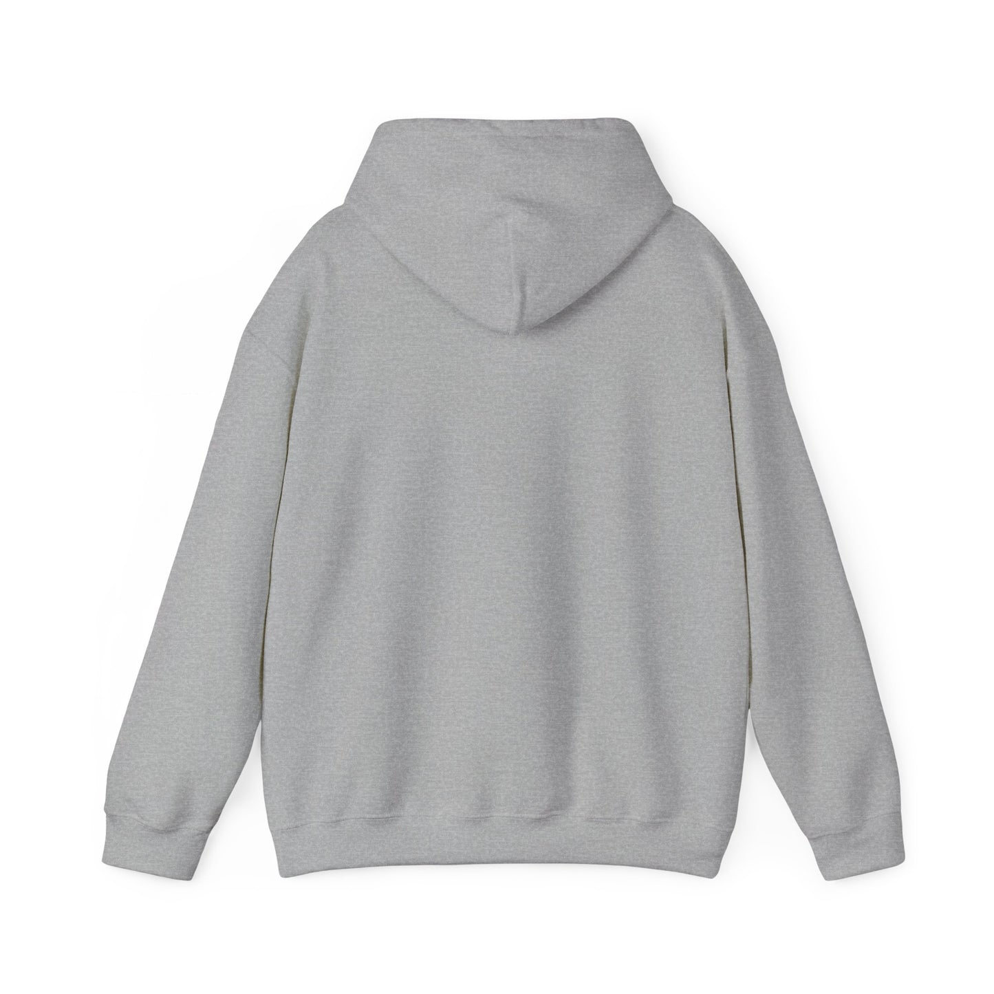 Back view of plain heather grey hoodie, hood down, roomy fit for sideline chills