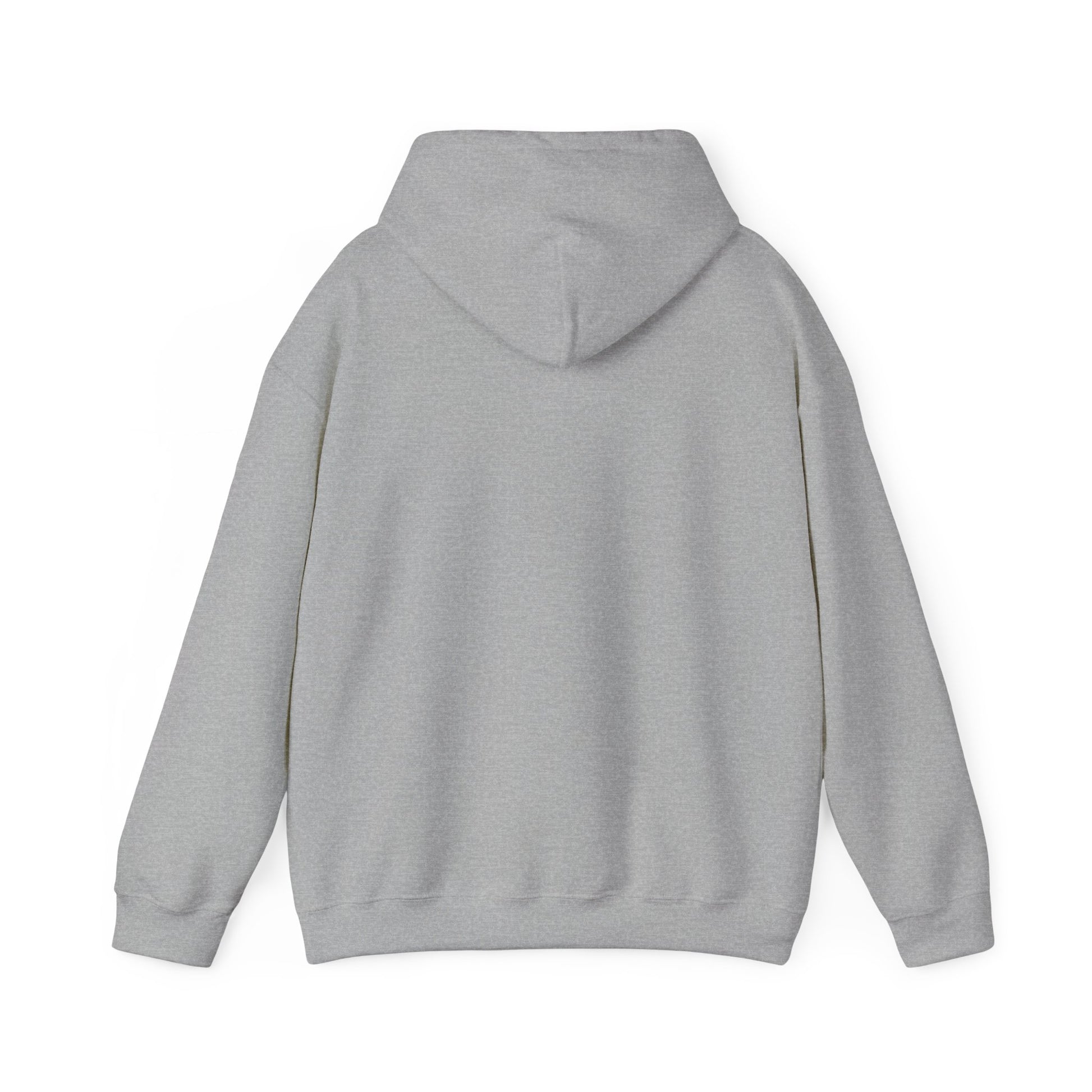 Back view of plain heather grey hoodie, hood down, roomy fit for sideline chills