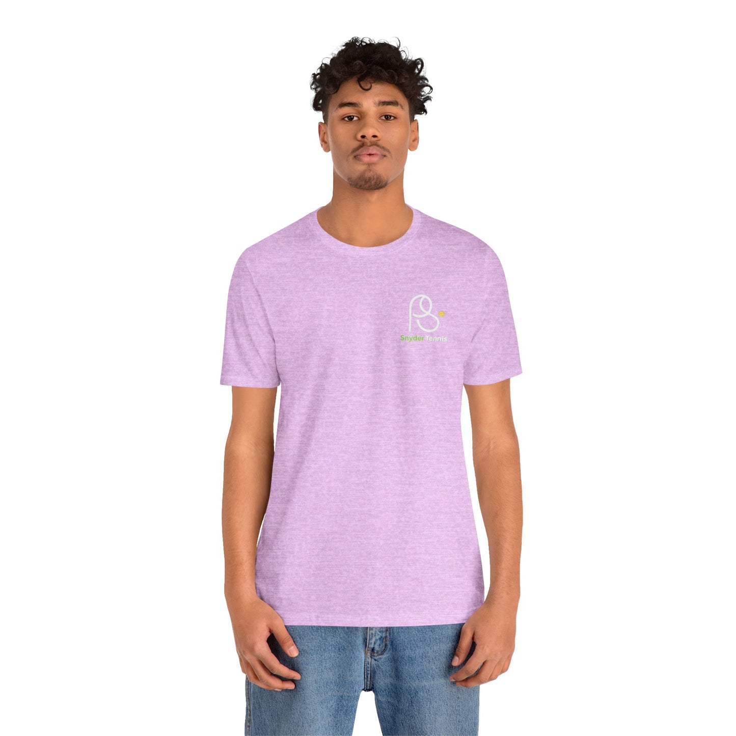 Male model front view in lavender heather tee, subtle white PS tennis logo on chest, casual pose