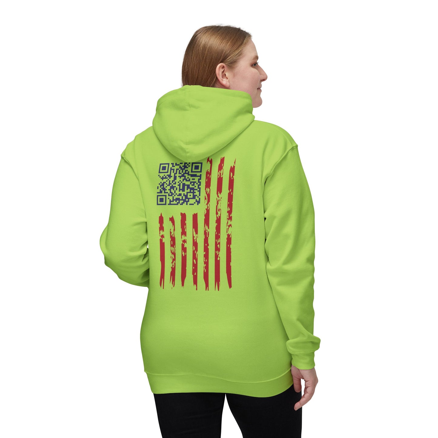 Back view of woman in lime green hoodie featuring gritty US flag and Trump dance QR code