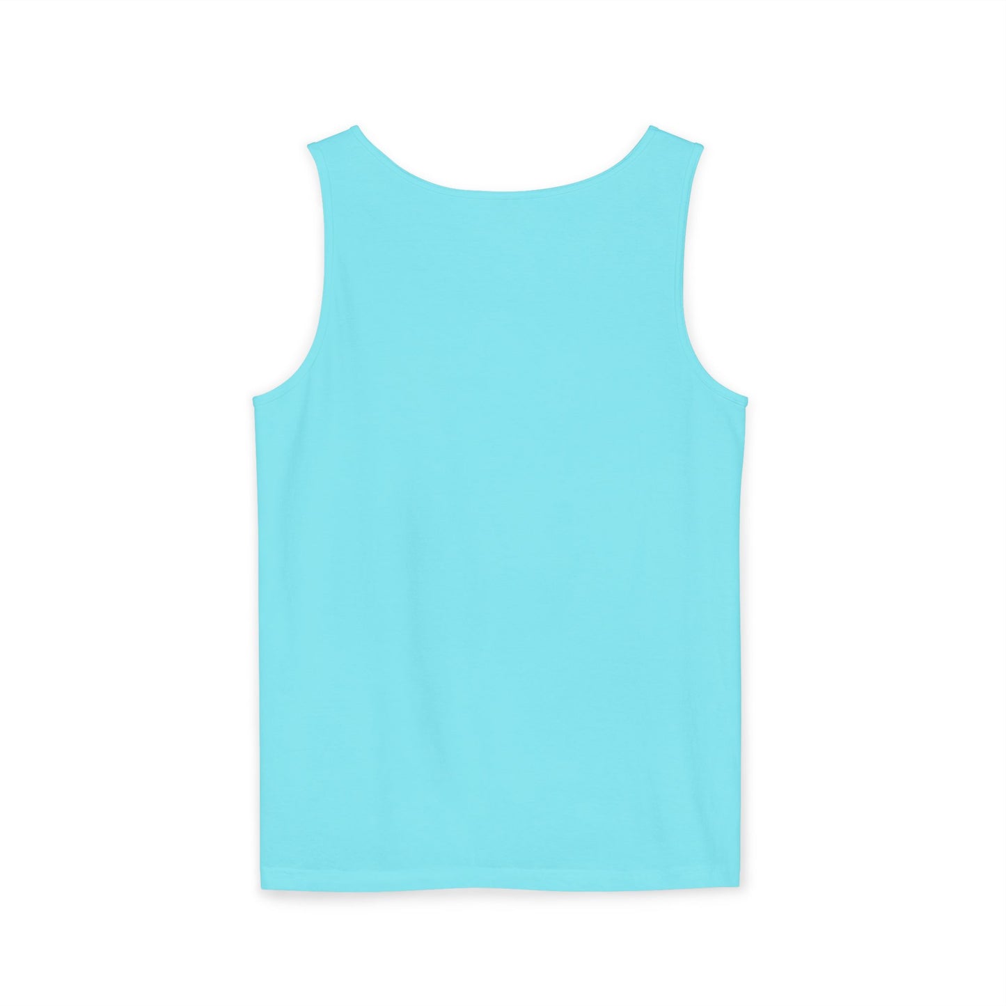 Back view of plain light cyan blue tank top, smooth sleeveless gym style