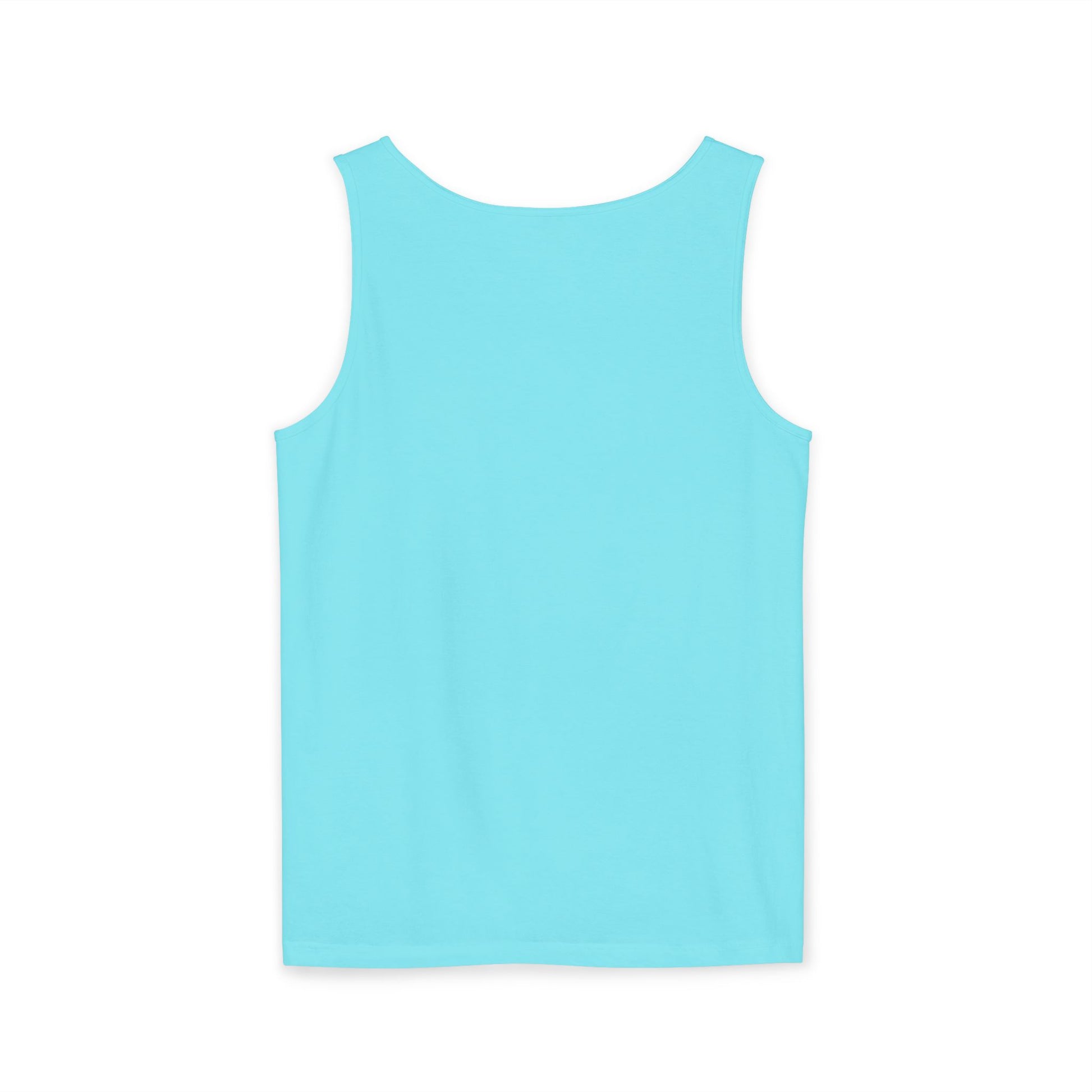 Back view of plain light cyan blue tank top, smooth sleeveless gym style