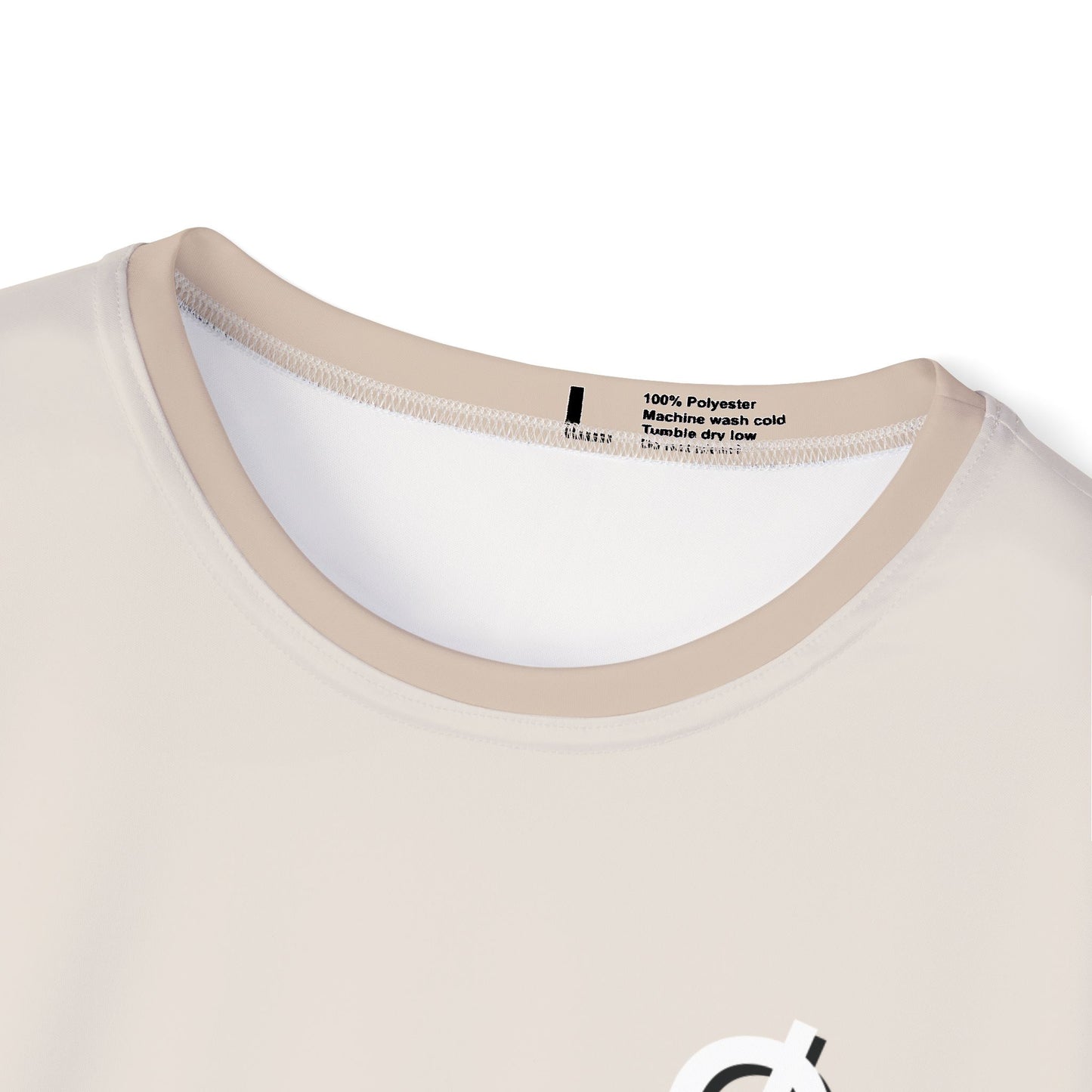 Close-up of inner collar label on beige gym jersey: size L, 100% polyester, machine wash cold