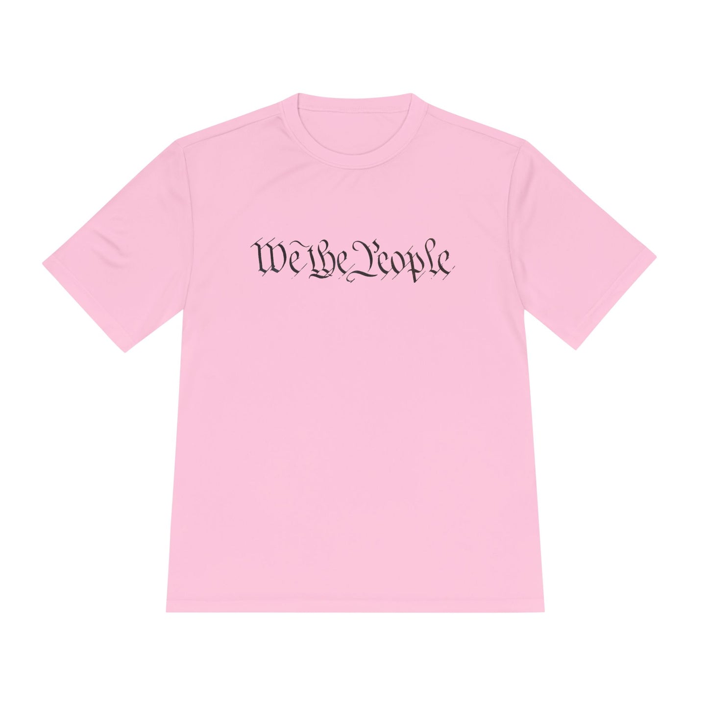 Front view of pink moisture-wicking tee featuring bold dark "We the People" cursive print across chest