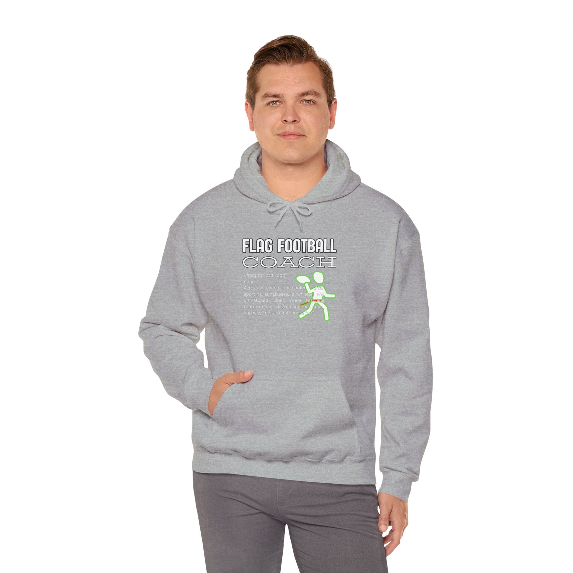 Male model in Sport Grey Flag Football Coach hoodie, front view with neon green runner graphic and text, hands pocketed