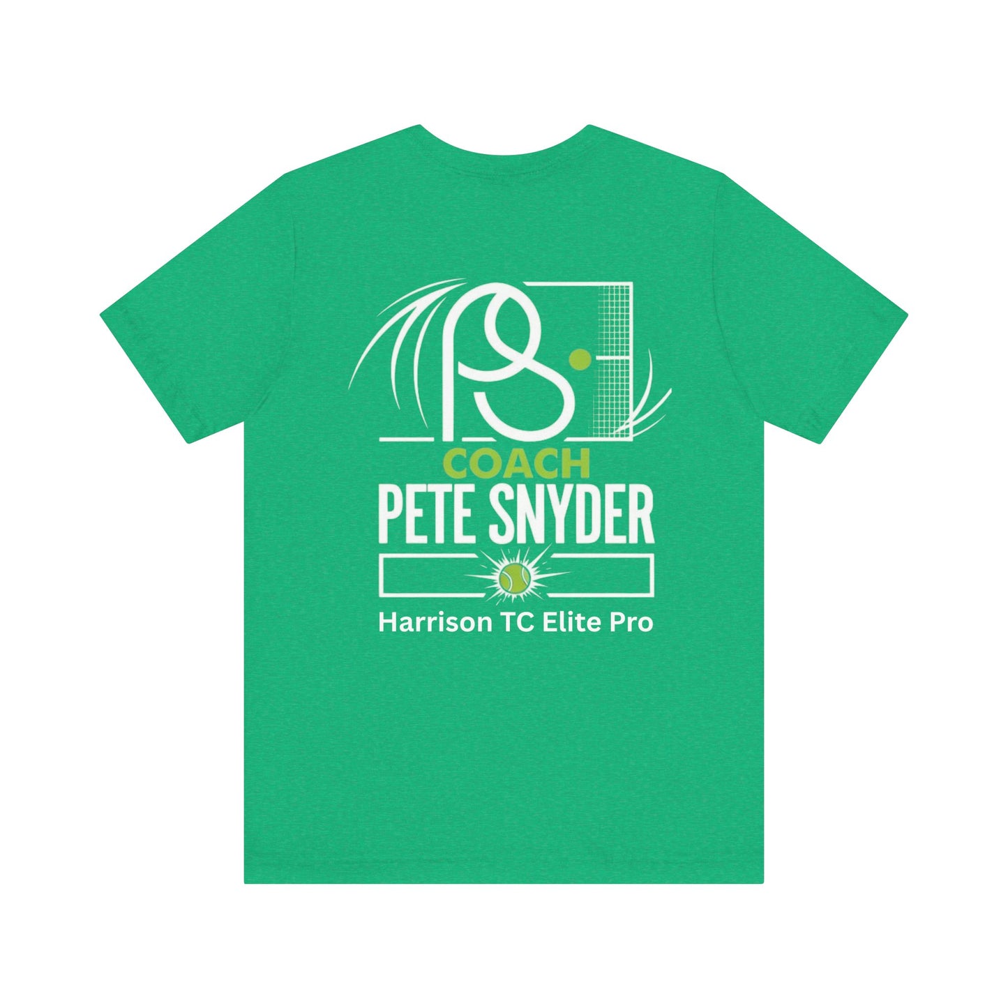 Flat back view of lime green Coach Pete Snyder tee with racket graphic, name, and Harrison TC Elite Pro