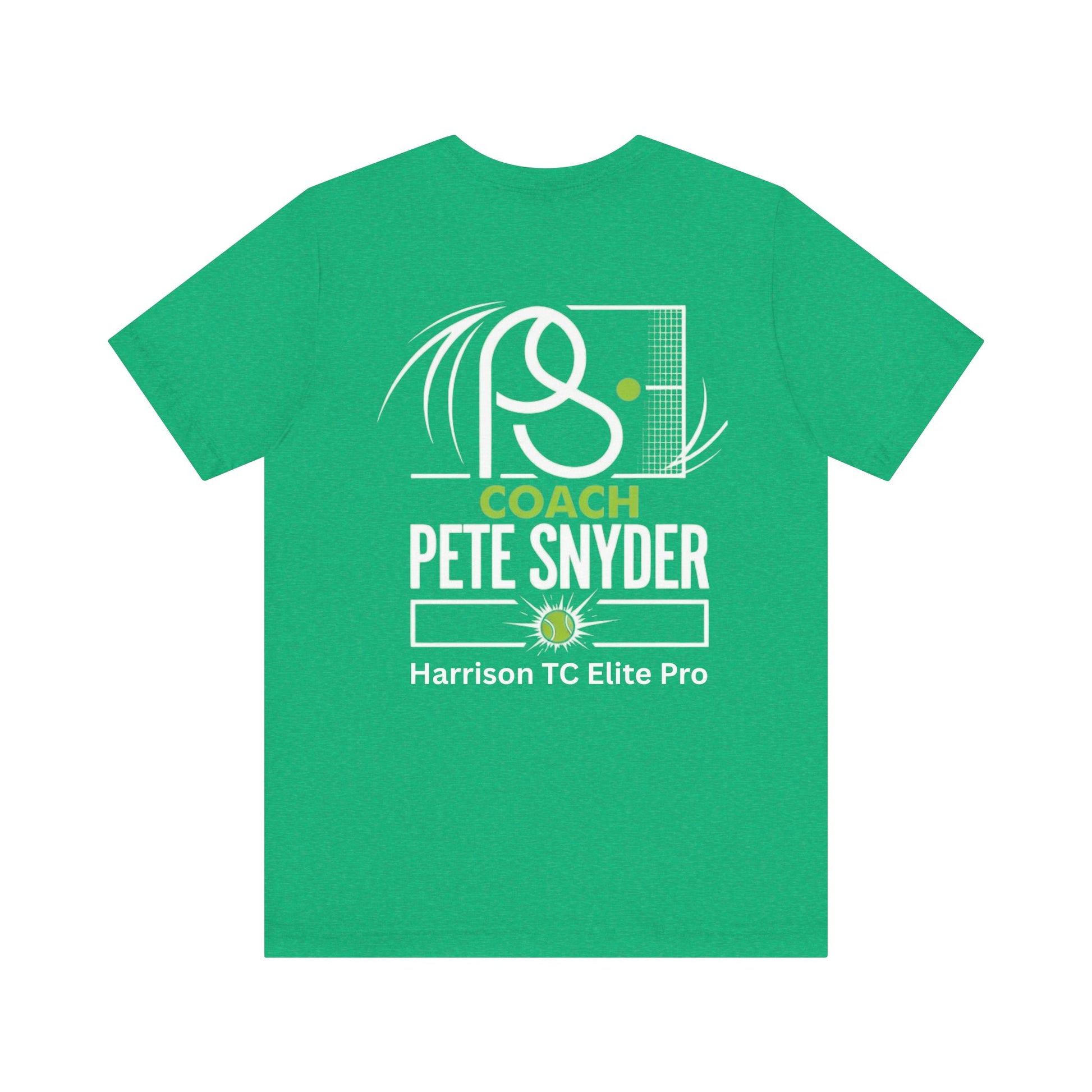 Flat back view of lime green Coach Pete Snyder tee with racket graphic, name, and Harrison TC Elite Pro