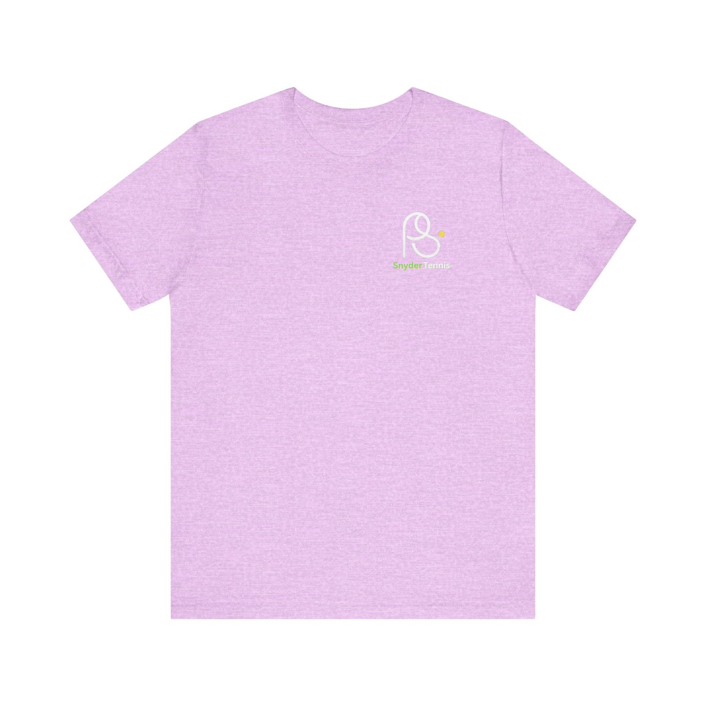 Front view of maroon Coach Pete Snyder tennis t-shirt showing white PS logo, green dot and "PS Tennis" on chest