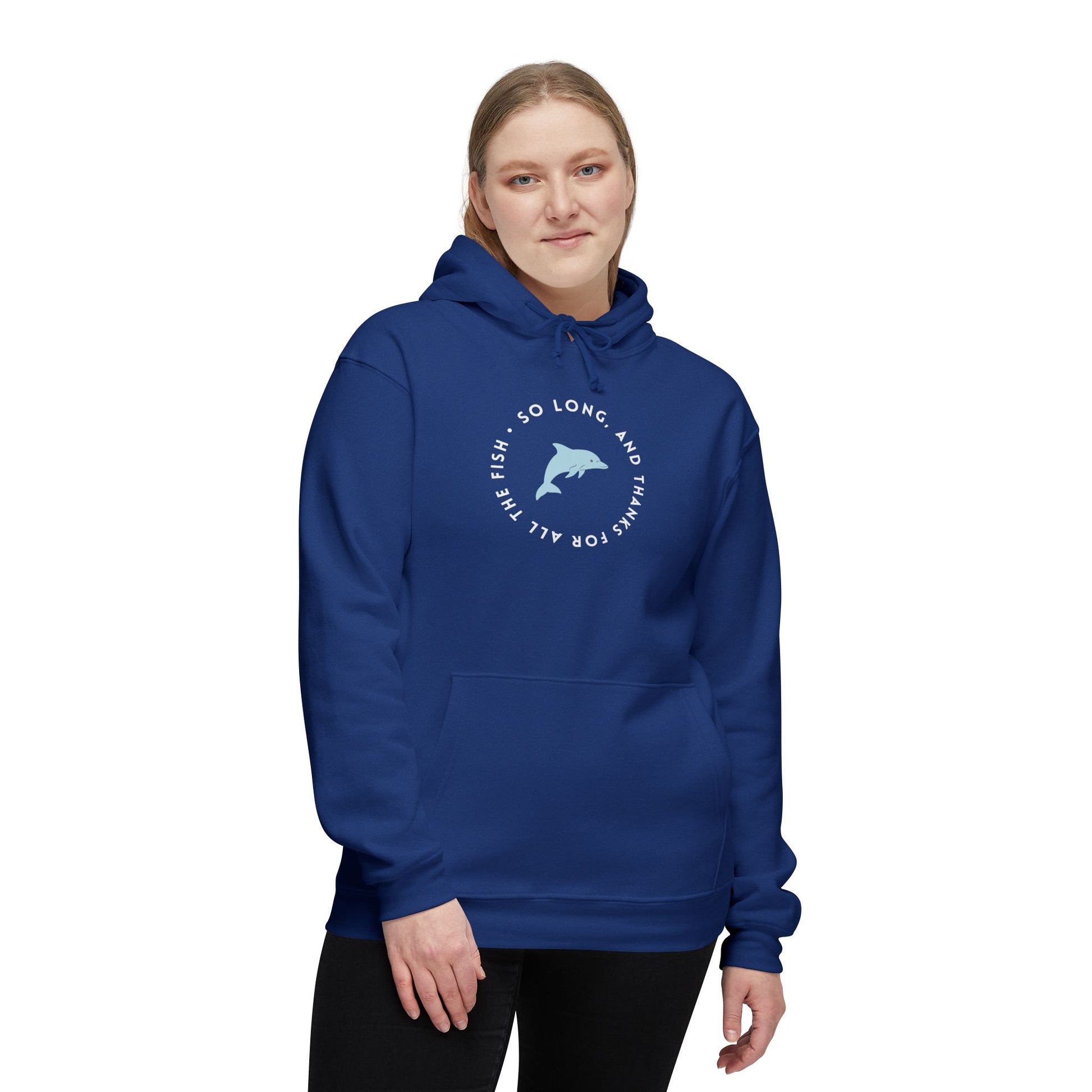 Woman modeling navy blue hoodie front, circular dolphin farewell print "So long, and thanks for all the fish"