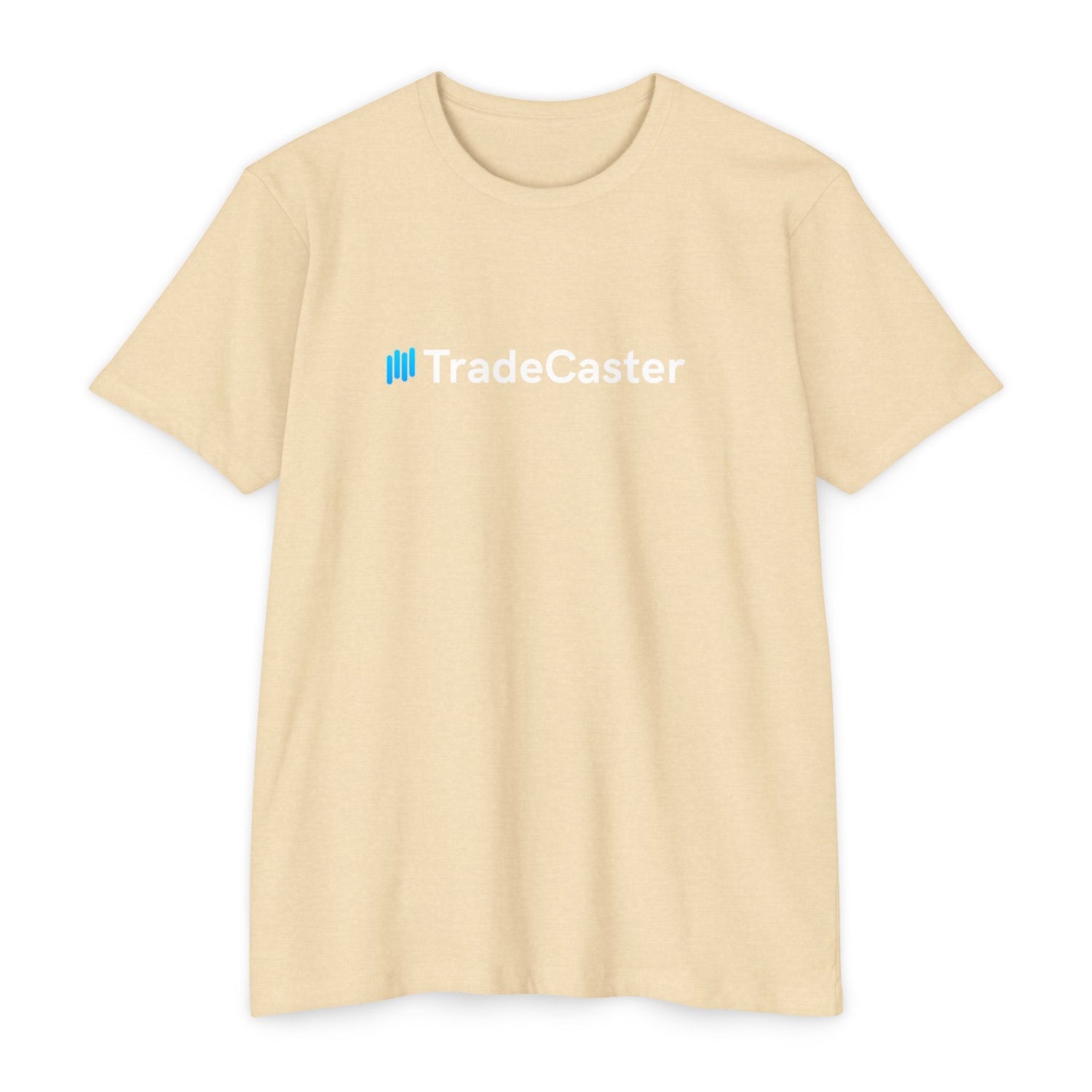 Front view of cream unisex TradeCaster CVC jersey t-shirt with blue || icon and white text print