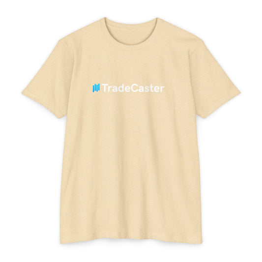 Front view of cream unisex TradeCaster CVC jersey t-shirt with blue || icon and white text print