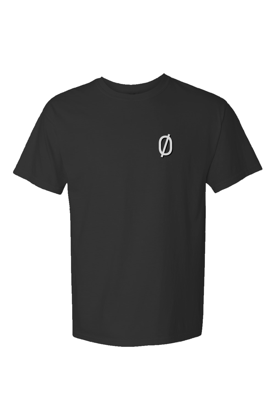 Front view of black steel ultra heavyweight t-shirt with subtle white ∅ logo on left chest