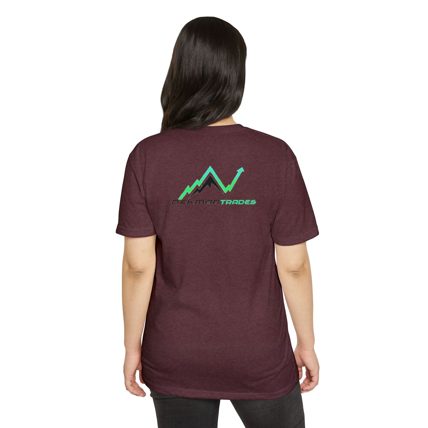 Woman from back in maroon heather jersey t-shirt, teal Peakman Trades mountain chart design prominent