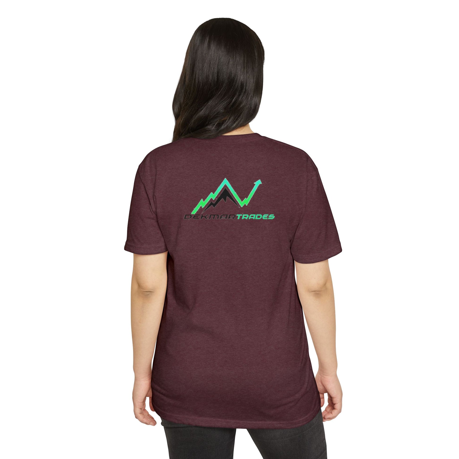 Woman from back in maroon heather jersey t-shirt, teal Peakman Trades mountain chart design prominent