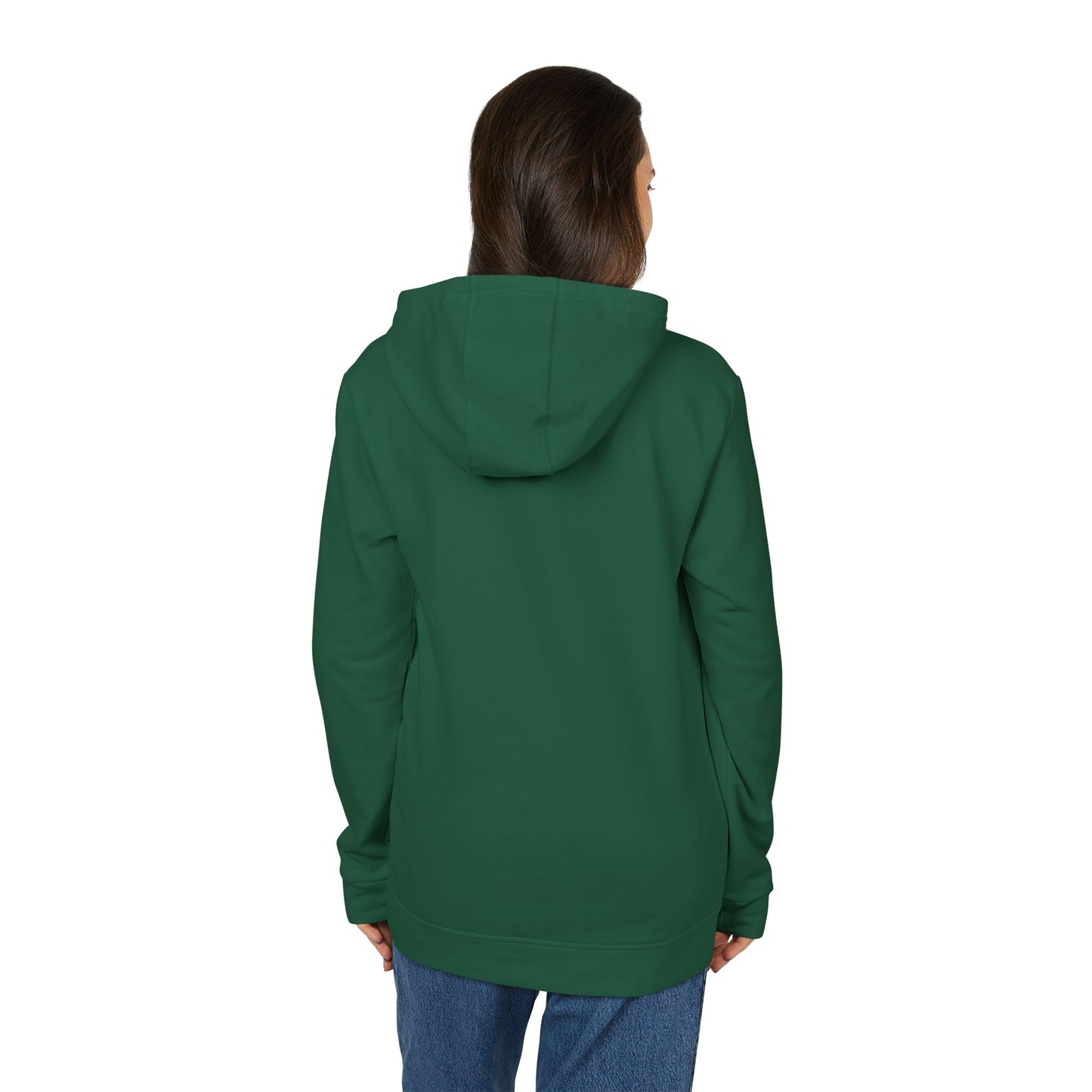 Rear view of woman wearing green fleece hoodie, clean back with adjustable hood strings