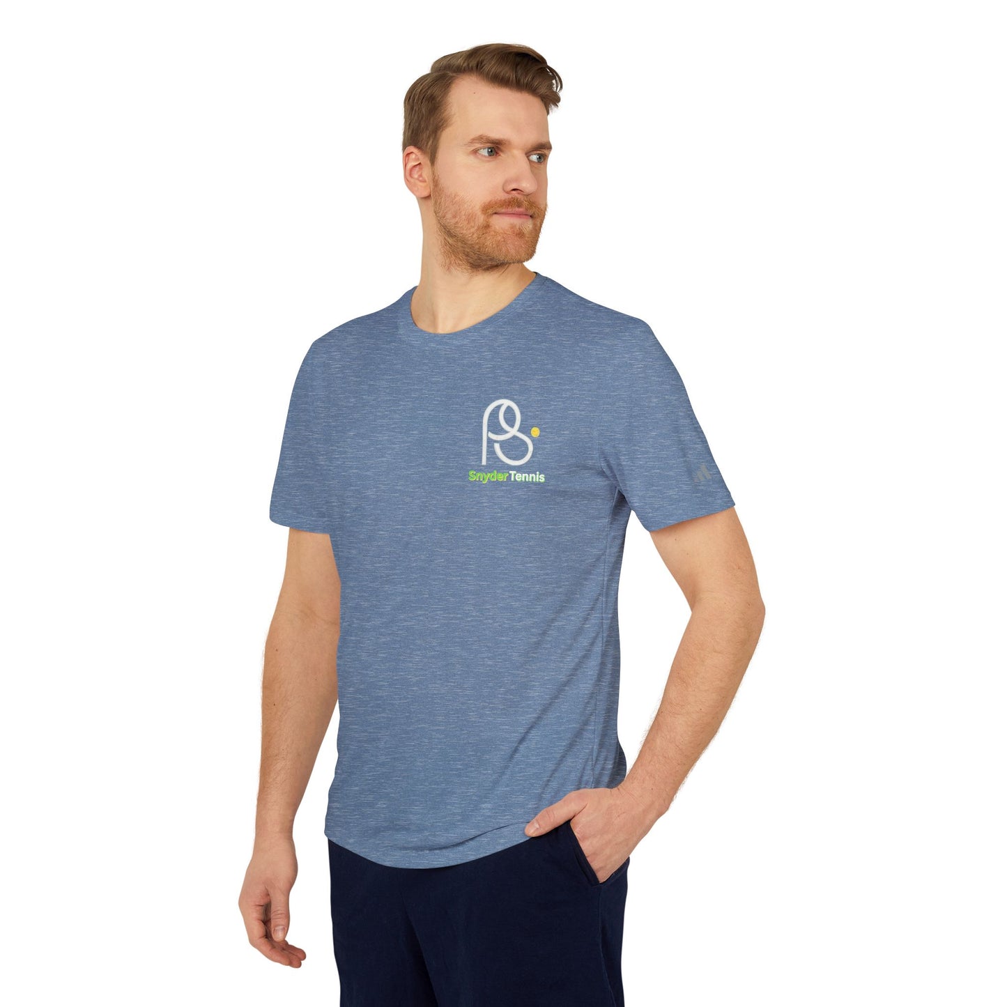 Bearded guy in heather navy adidas tee, three-quarter front view showing PB Tennis logo on left chest