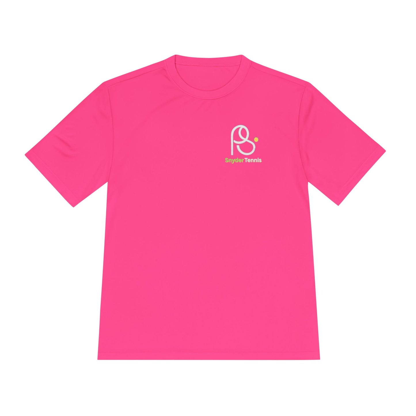 Flat front hot pink Coach Pete Snyder tee, white outline PS logo with Bryant Tennis