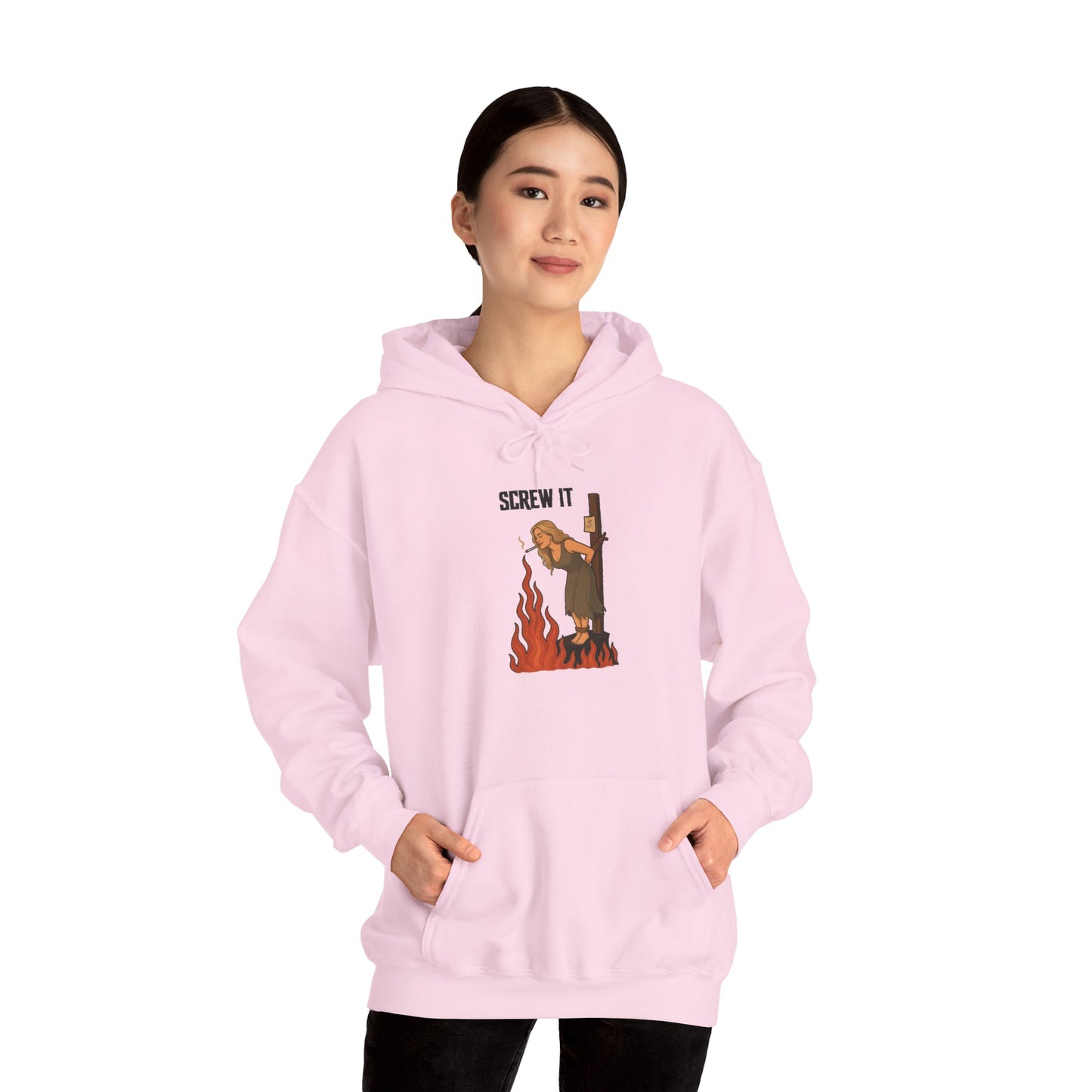 Screw It Hoodie – Funny Retro Character Flaming Witch Graphic Sweatshirt