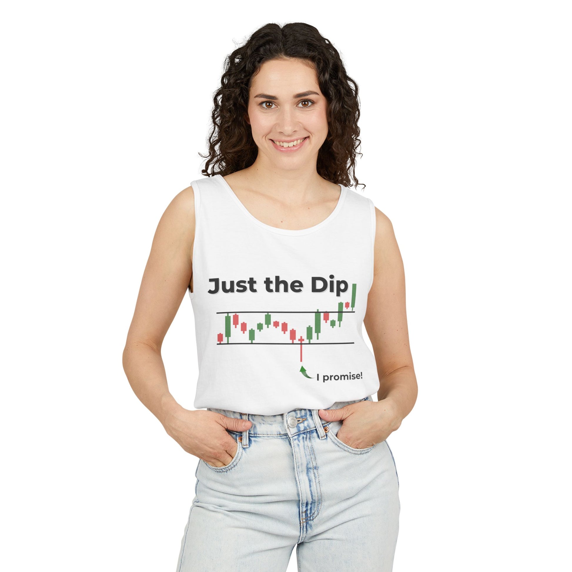 Woman in white "Just the Dip" tank front, smiling with curly hair and hands in light jeans