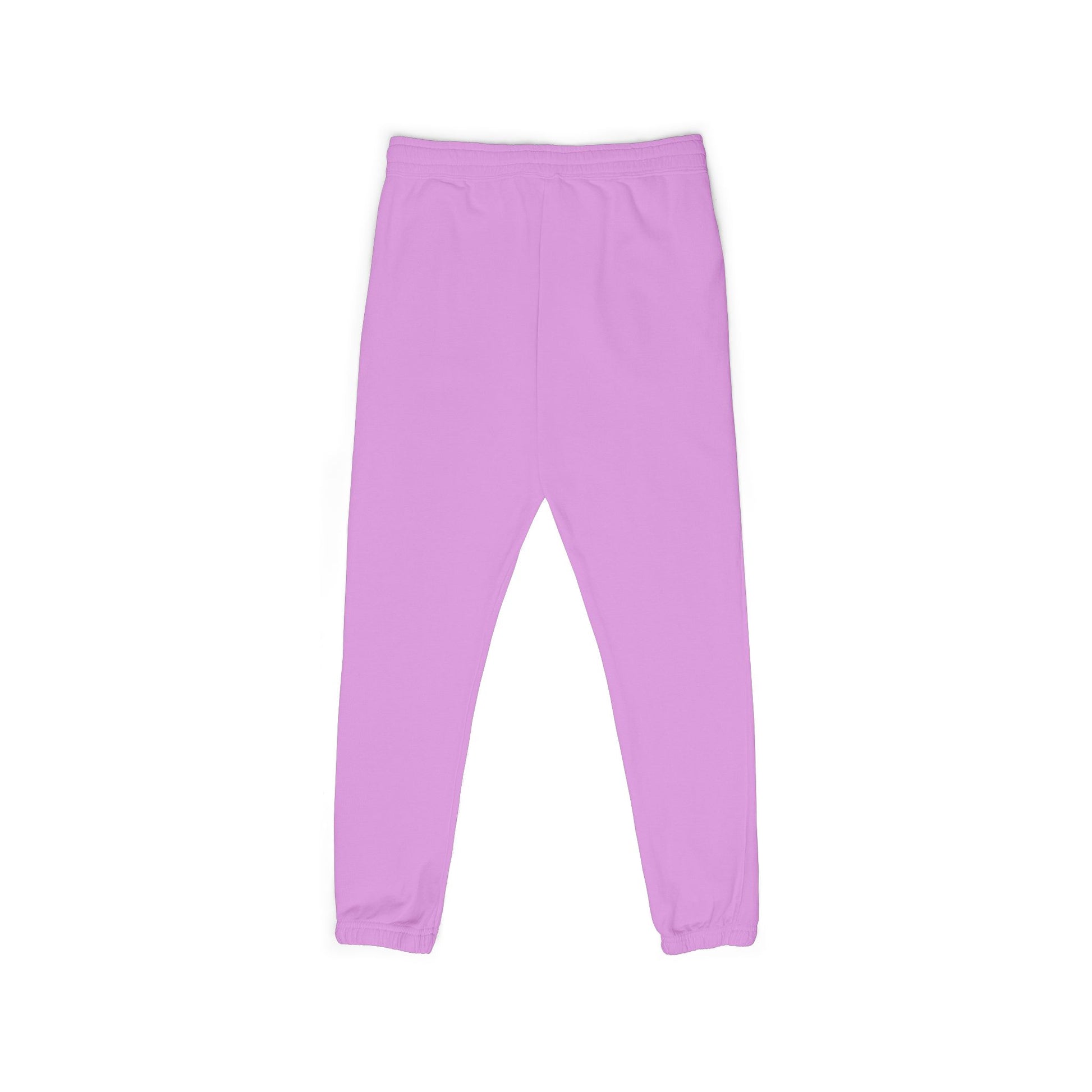 Front view of relaxed-fit purple fleece joggers, cuffed ankles, drawstring waist — cozy vibes ready