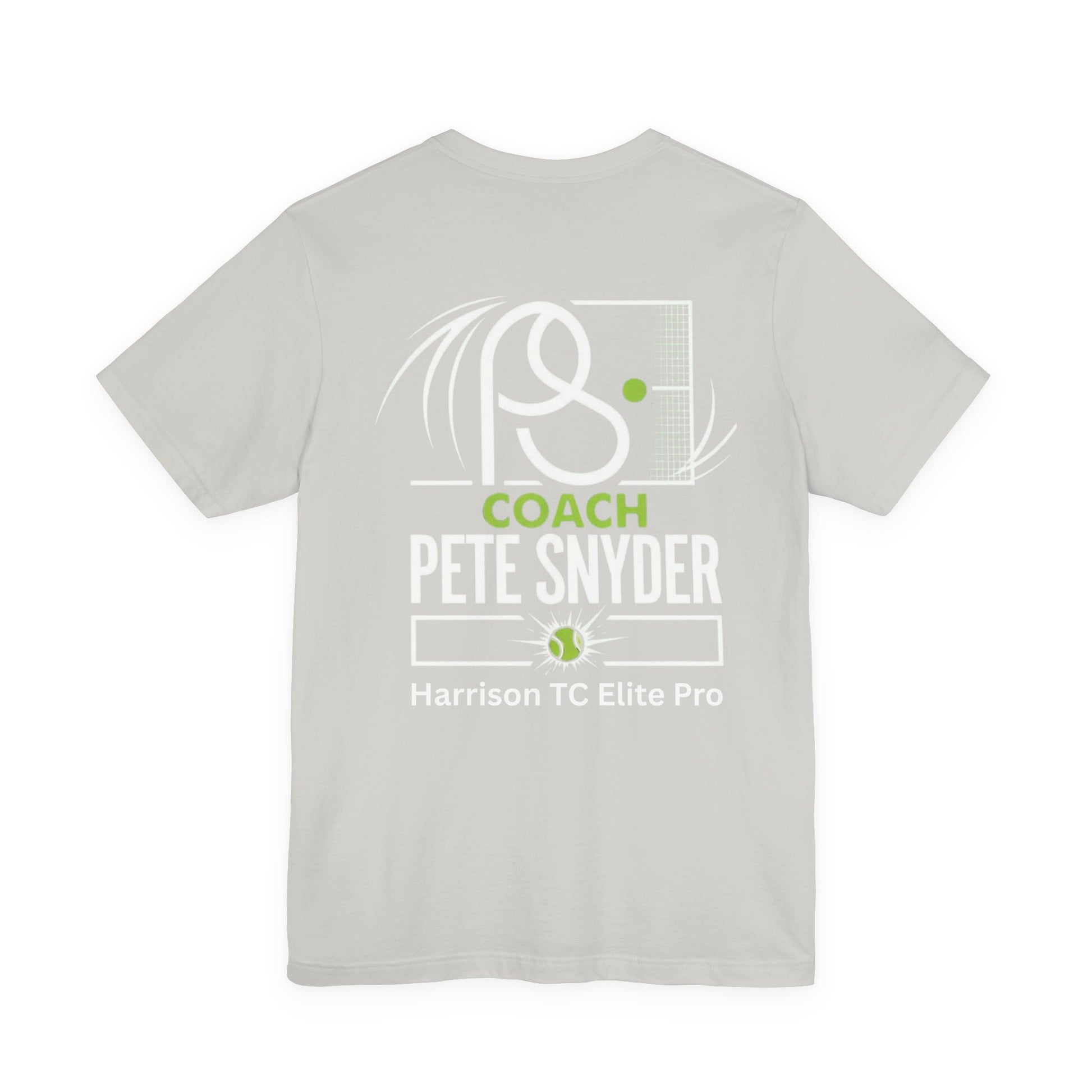 Back view of light gray Coach Pete Snyder t-shirt with bold white "COACH PETE SNYDER", racket graphic, Harrison TC Elite Pro