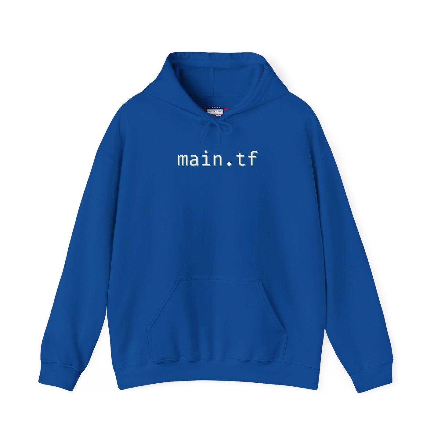 Front view of royal blue main.tf pullover, white "main.tf" print stealing the show