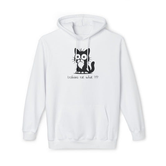 Front view of white pullover hoodie with wide-eyed black cat graphic and sly "Lesbians Eat What ?!?" text below