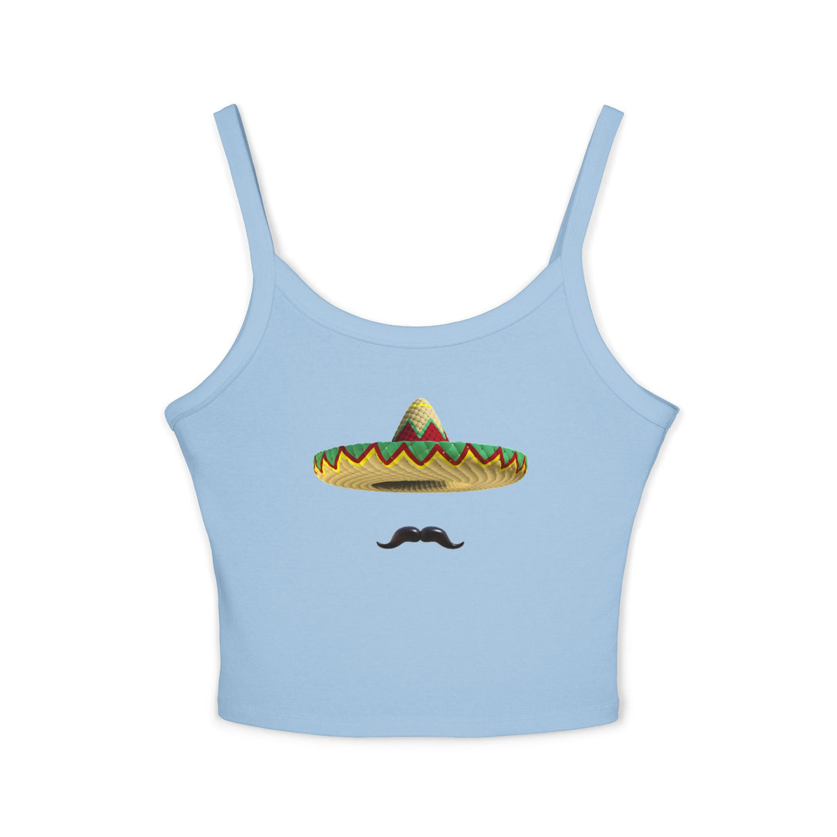 Front view of baby blue spaghetti strap tank with sombrero hat and mustache design