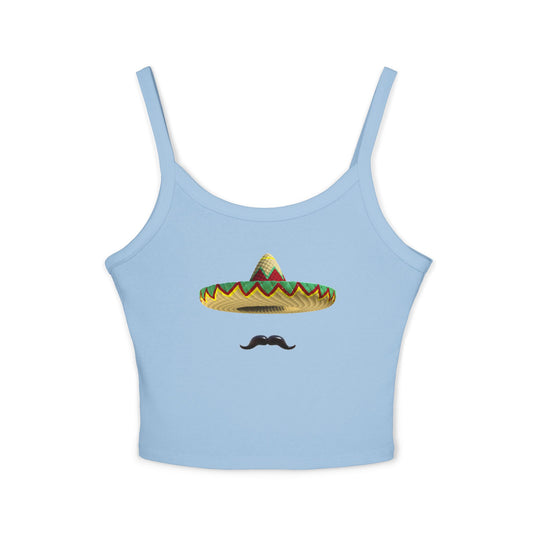 Front view of baby blue spaghetti strap tank with sombrero hat and mustache design