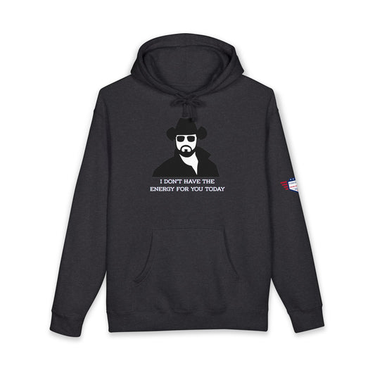 Front view of charcoal heather unisex hoodie with black-outlined cowboy hat dude graphic and "I don’t have the energy for you today" text below