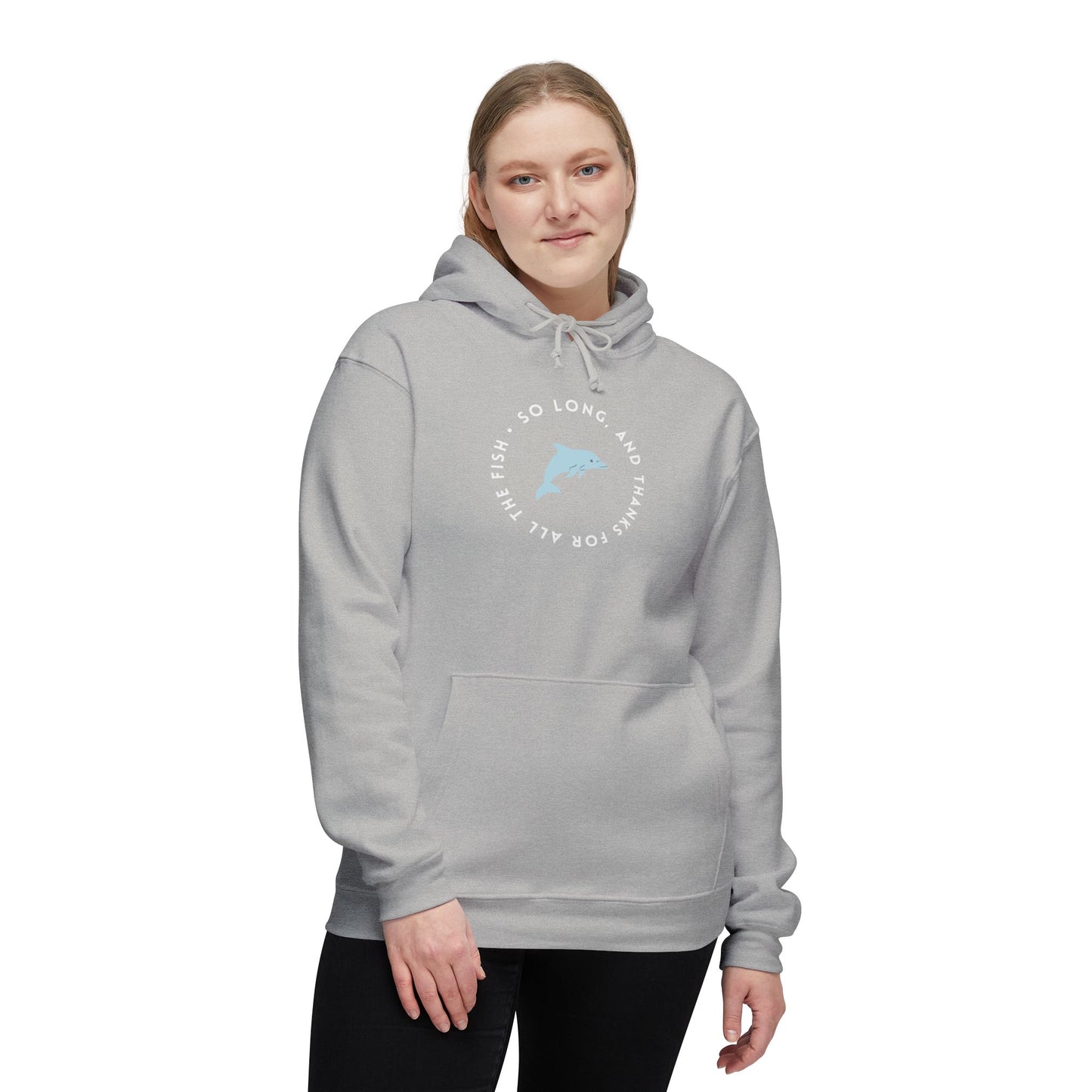 Female model in light gray hoodie, front display of circular "So long..." dolphin text art