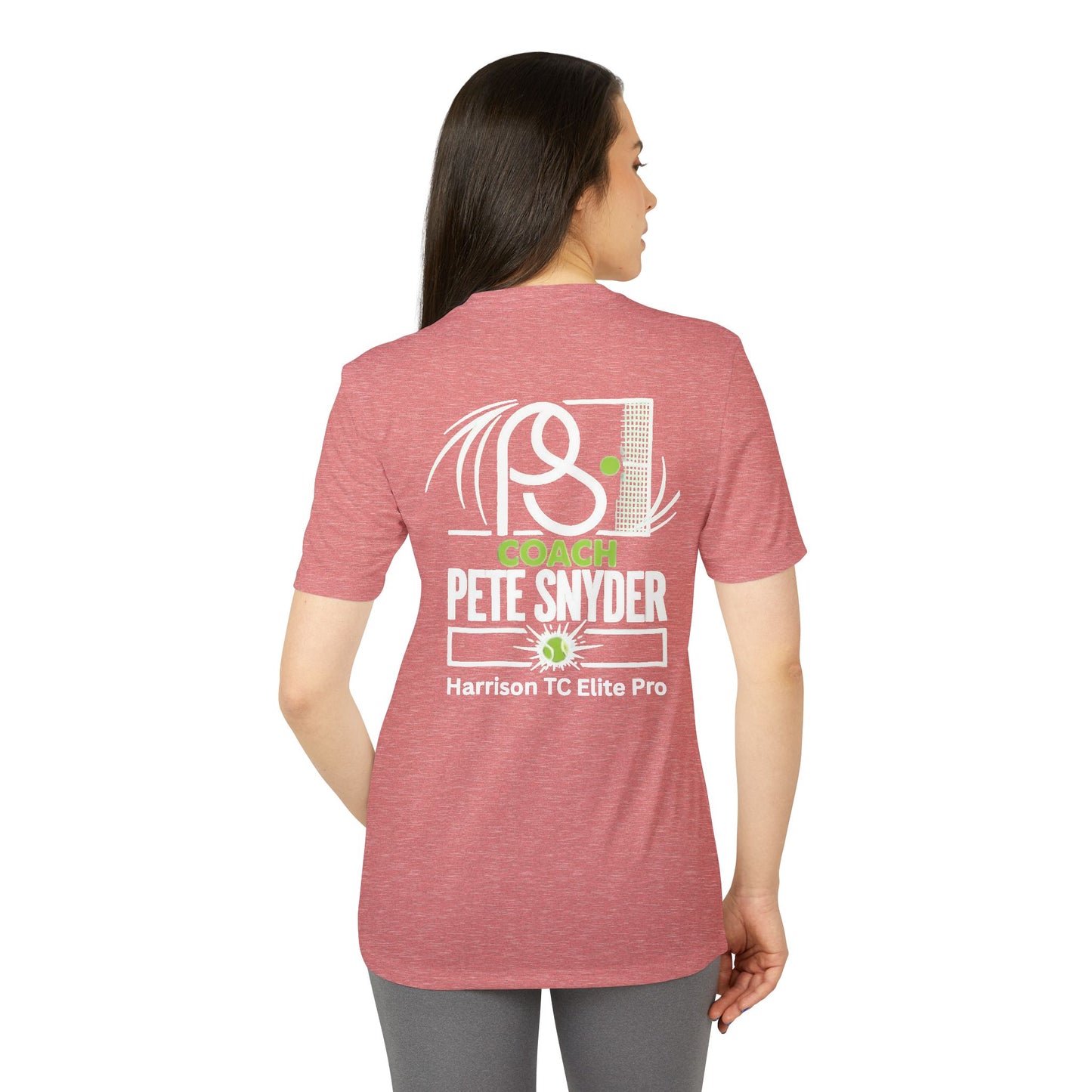 Female model back view of heather red tee, white paddle/net graphic, "COACH PETE SNYDER HARRISON TC ELITE PRO" print with lime green pops