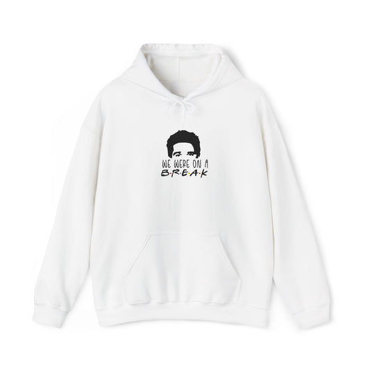Front view of white Ross Geller silhouette hoodie with black "We Were On A Break" Friends quote in dotted font