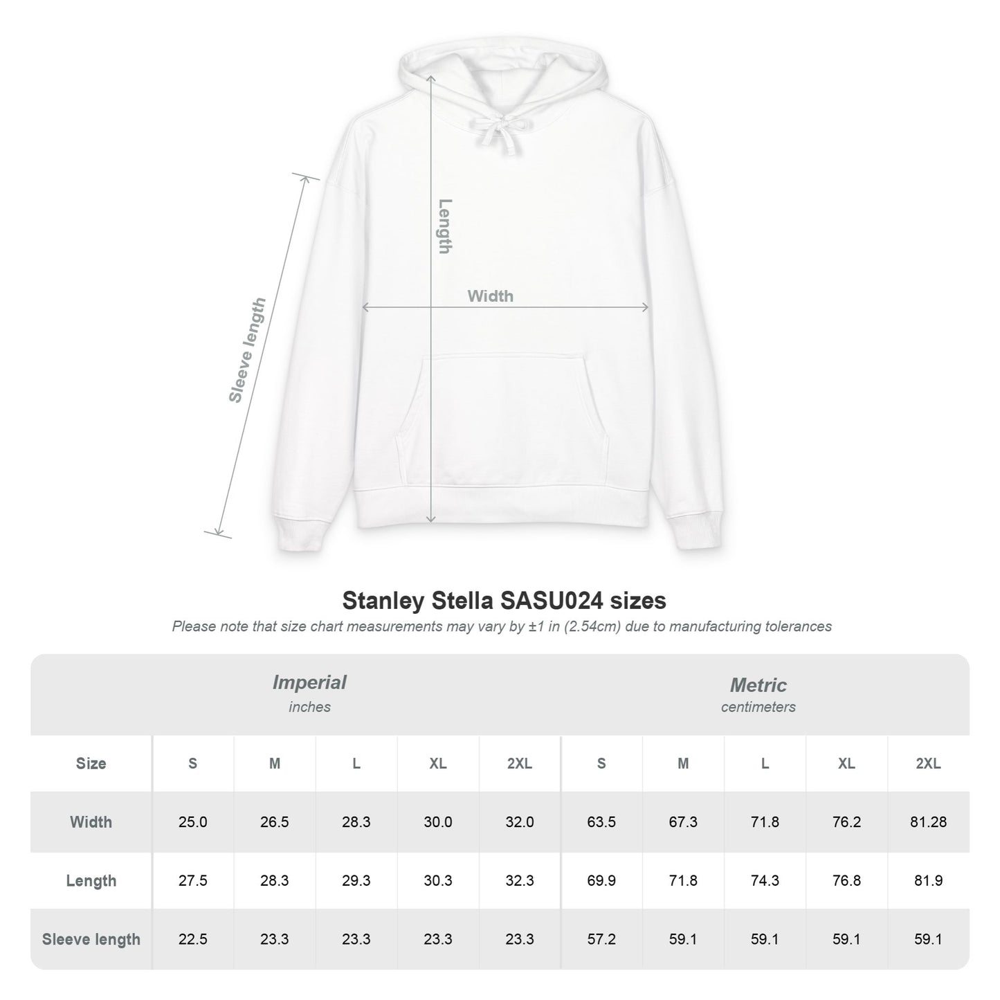 Size chart on white Stanley Stella SAU024 hoodie showing S-2XL length, width, sleeve measurements
