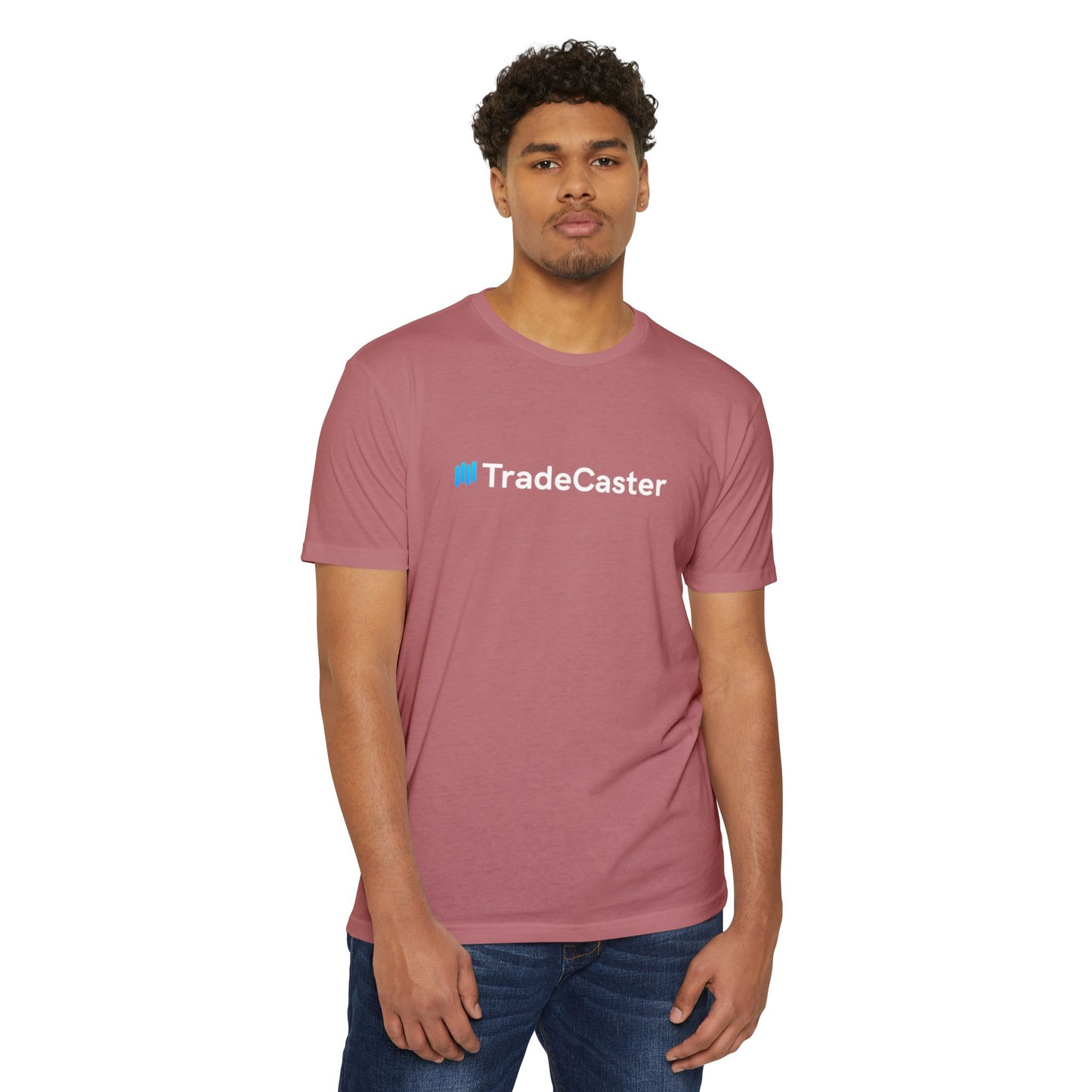 Man model front view in heather maroon TradeCaster tee, bold blue #TradeCaster logo