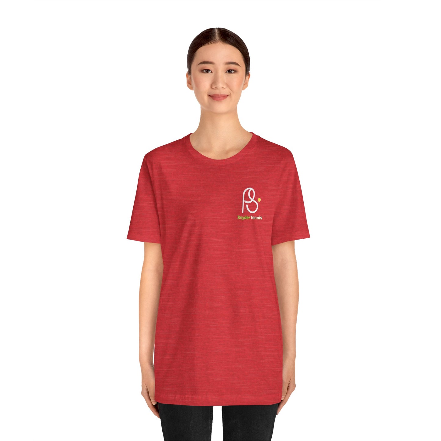 Female model front view in heather red PS Tennis tee, subtle white PS ball logo on chest, slim fit vibe